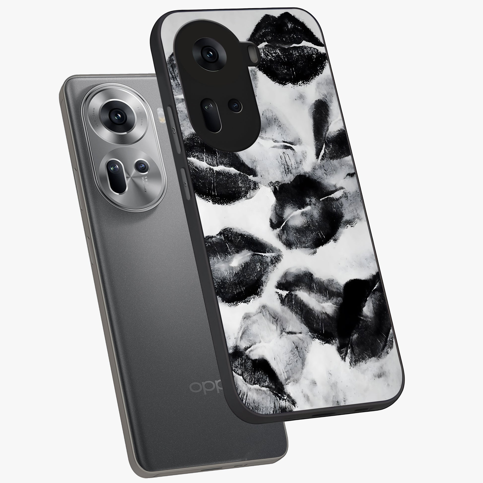 Midnight Kiss Marks Glass Case displayed in angled mockup highlighting playful romantic design with bold midnight aesthetic.