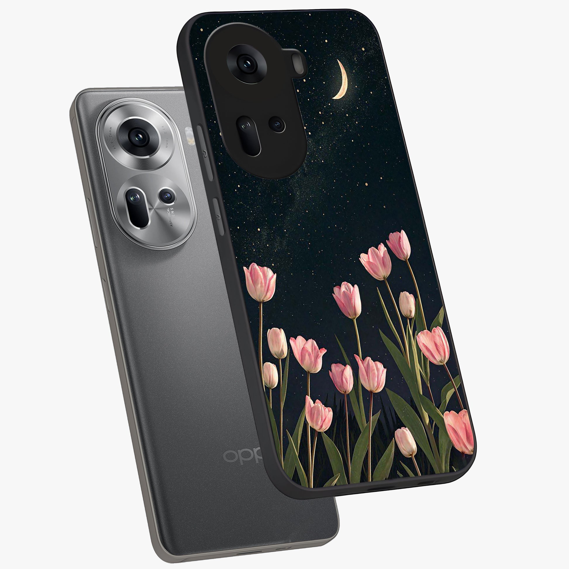 Midnight Tulip Whispers Vibe Glass Case displayed in angled mockup highlighting delicate tulip design with midnight floral aesthetic.
