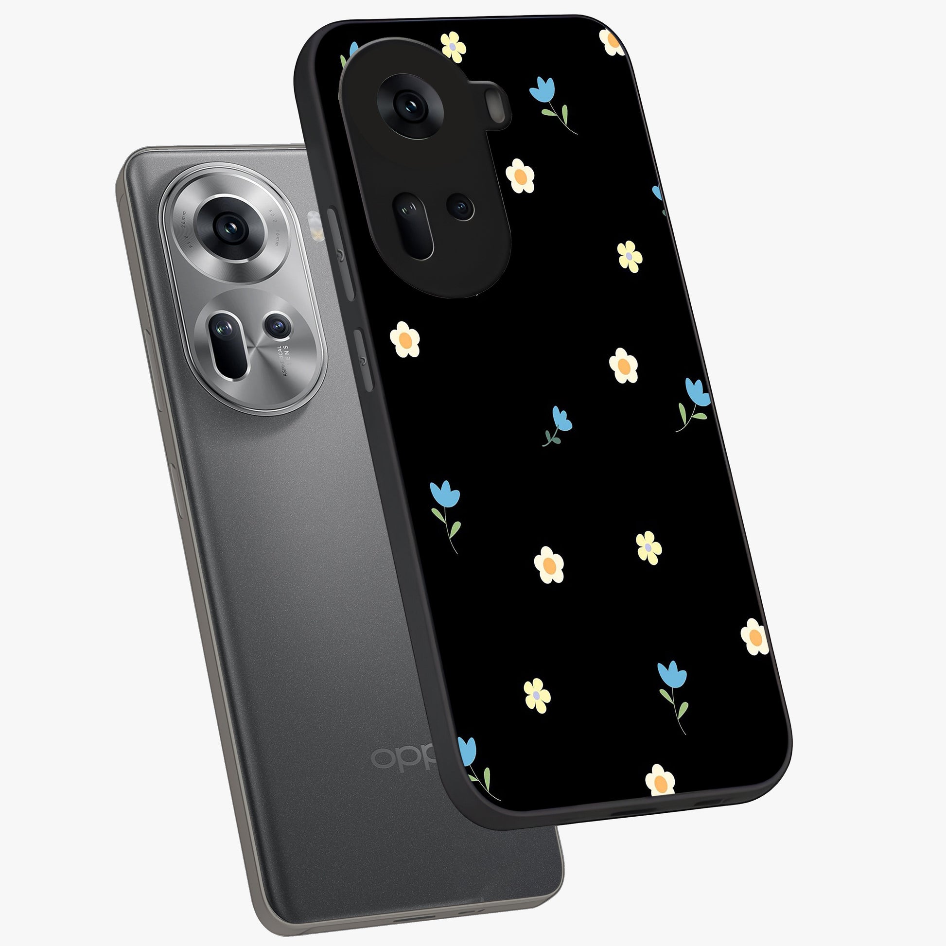 Minimal Petal Whispers Glass Case displayed in angled mockup highlighting delicate petal design with clean minimal aesthetic.