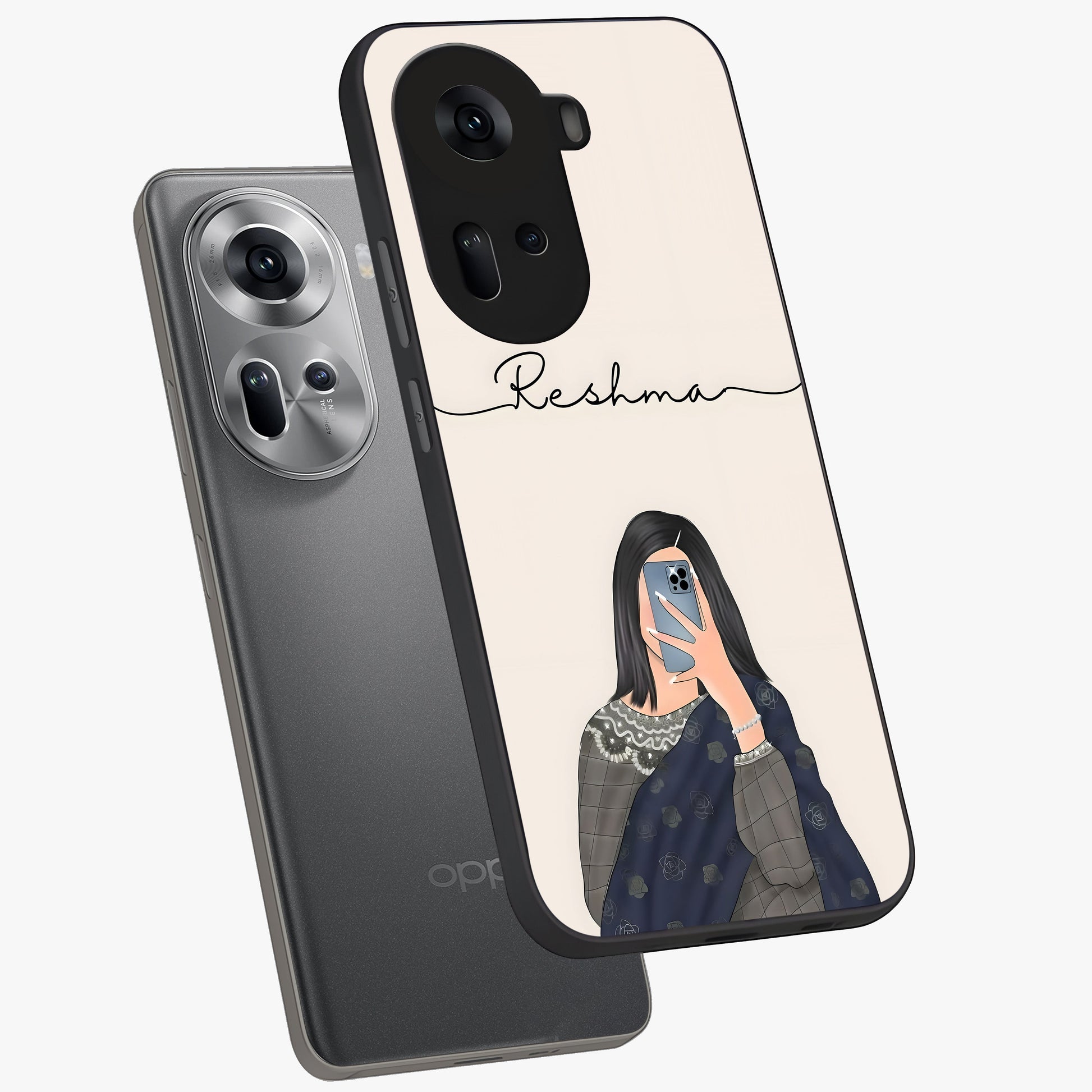 Mirror Mood Muse With Custom Name Glass Case displayed in angled mockup highlighting aesthetic mirror inspired design with custom name feature.