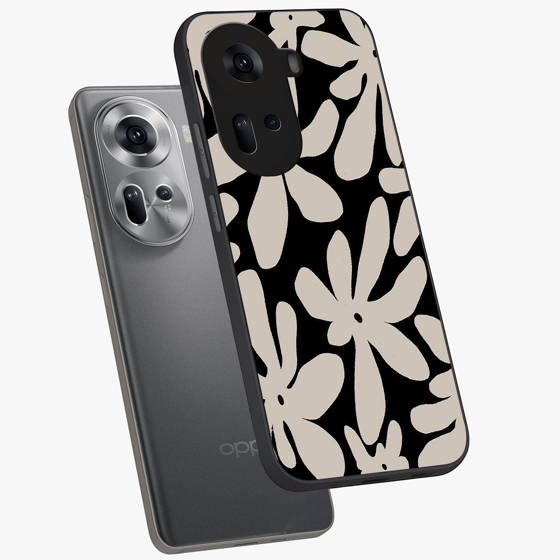 Monochrome Petal Dance Glass Case displayed in angled mockup highlighting elegant petal design with black and white aesthetic.
