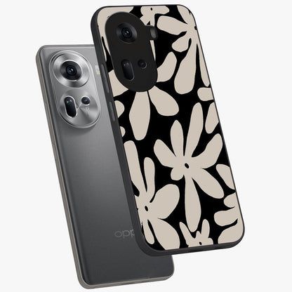 Monochrome Petal Dance Glass Case displayed in angled mockup highlighting elegant petal design with black and white aesthetic.