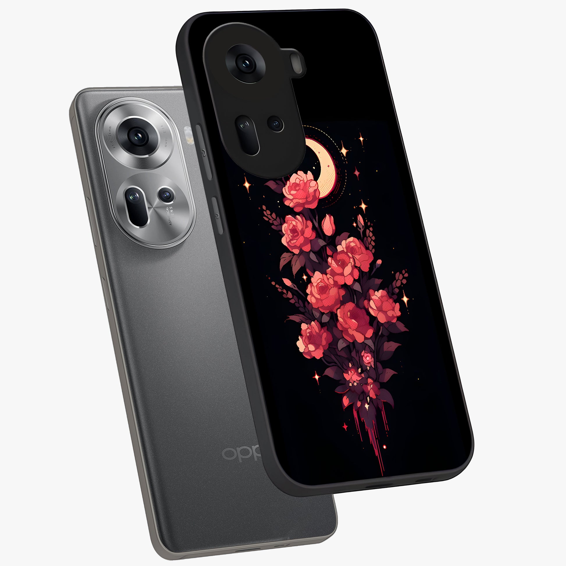 Moonlit Floral Elegance Glass Case displayed in angled mockup highlighting graceful flower design with soft moonlight aesthetic.