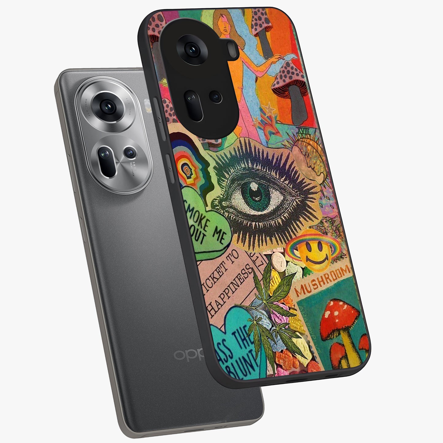 Mystic Eye Wonderland Glass Case displayed in angled mockup highlighting magical eye illustration with dreamy aesthetic.