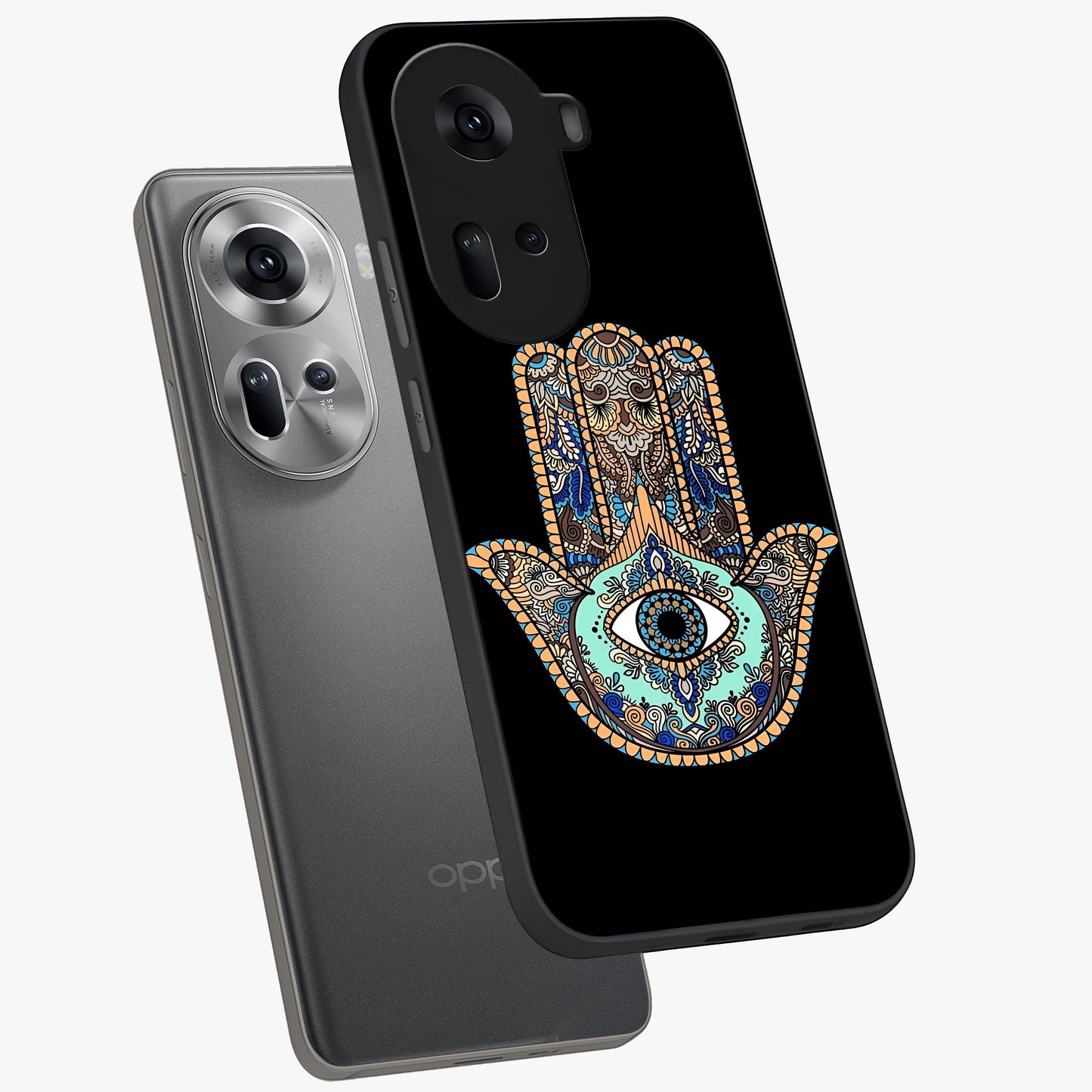 Mystic Hamsa Eye Glass Case displayed in angled mockup highlighting spiritual hamsa symbol with mystical aesthetic style.