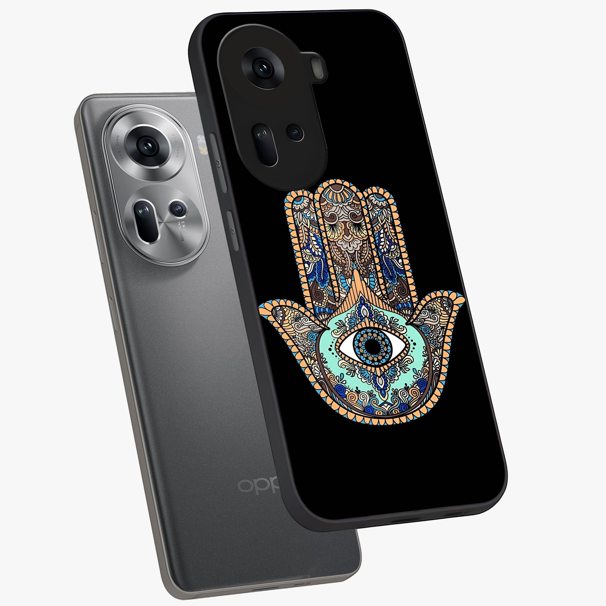 Mystic Hamsa Eye Glass Case displayed in angled mockup highlighting spiritual hamsa symbol with mystical aesthetic style.