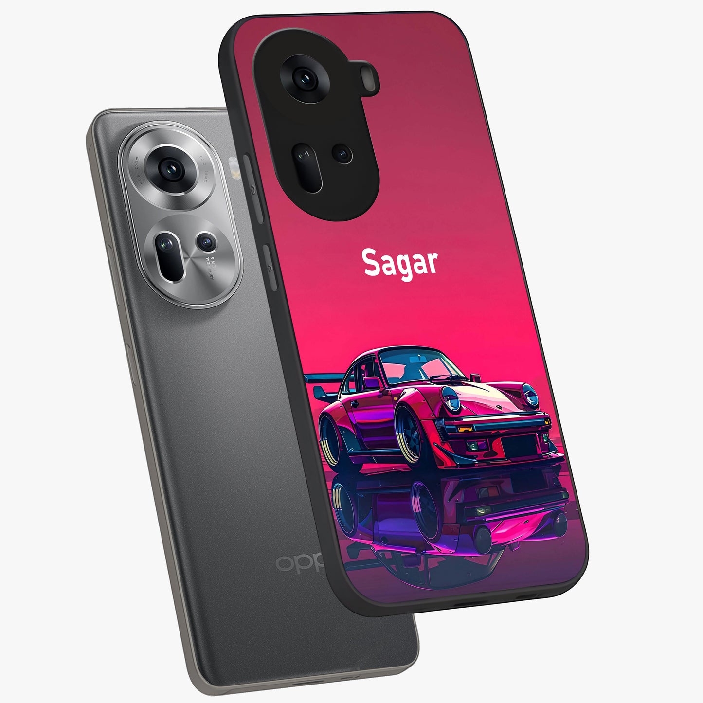 Neon Pink Porsche Glass Case displayed in angled mockup highlighting sleek neon pink car design with racing aesthetic.