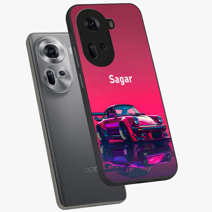Neon Pink Porsche Glass Case displayed in angled mockup highlighting sleek neon pink car design with racing aesthetic.
