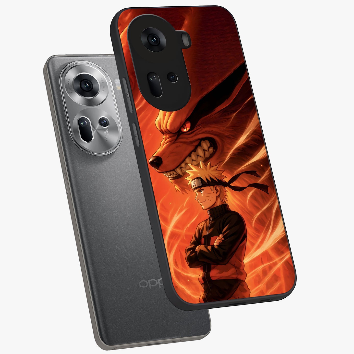 Nine Tails Legacy Glass Case displayed in angled mockup highlighting dynamic anime beast illustration with bold mystical aesthetic.