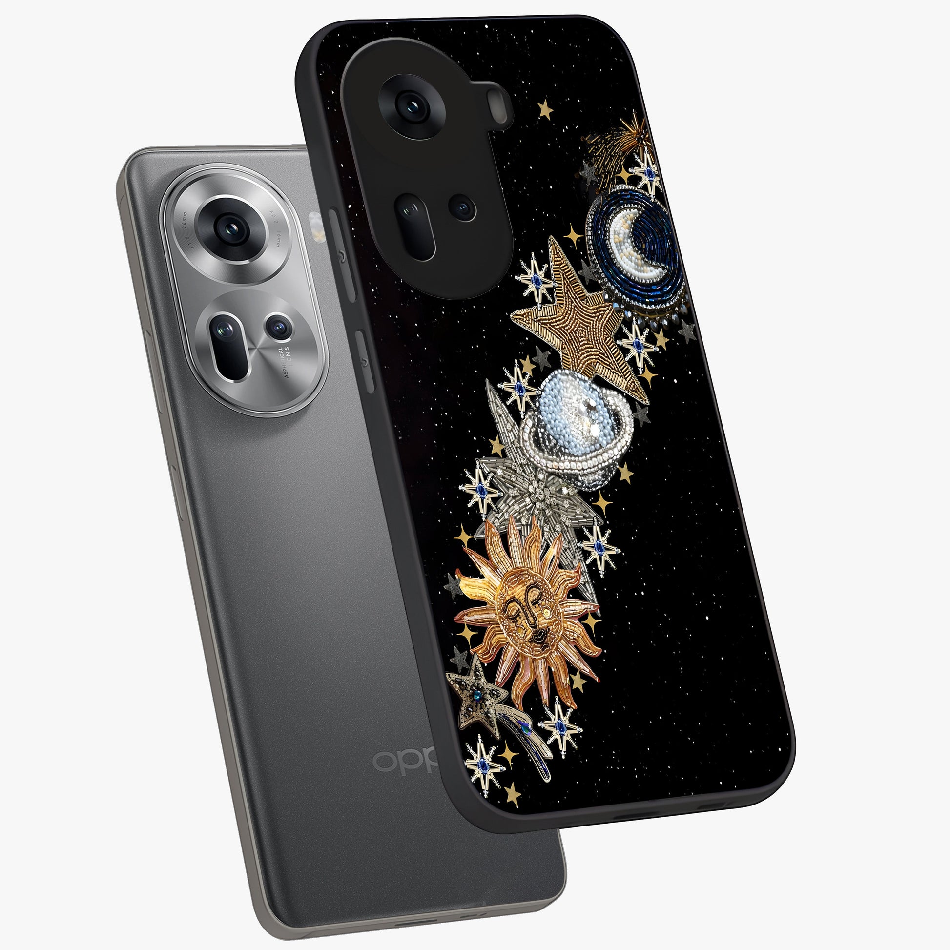 Pearls Universe Object Glass Case displayed in angled mockup highlighting celestial pearl design with dreamy aesthetic.
