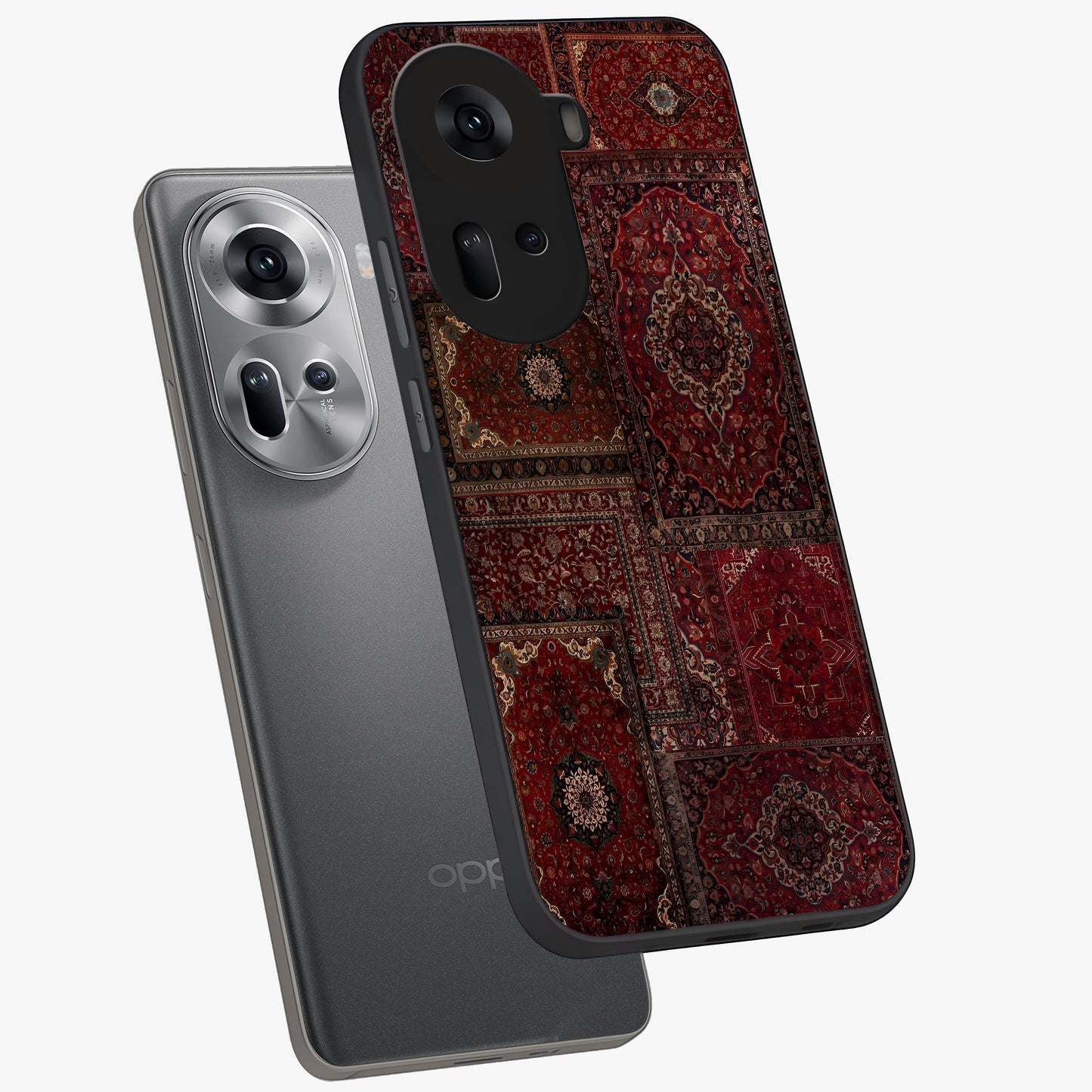 Persian Velvet Tale Glass Case displayed in angled mockup highlighting ornate textile inspired design with royal aesthetic.