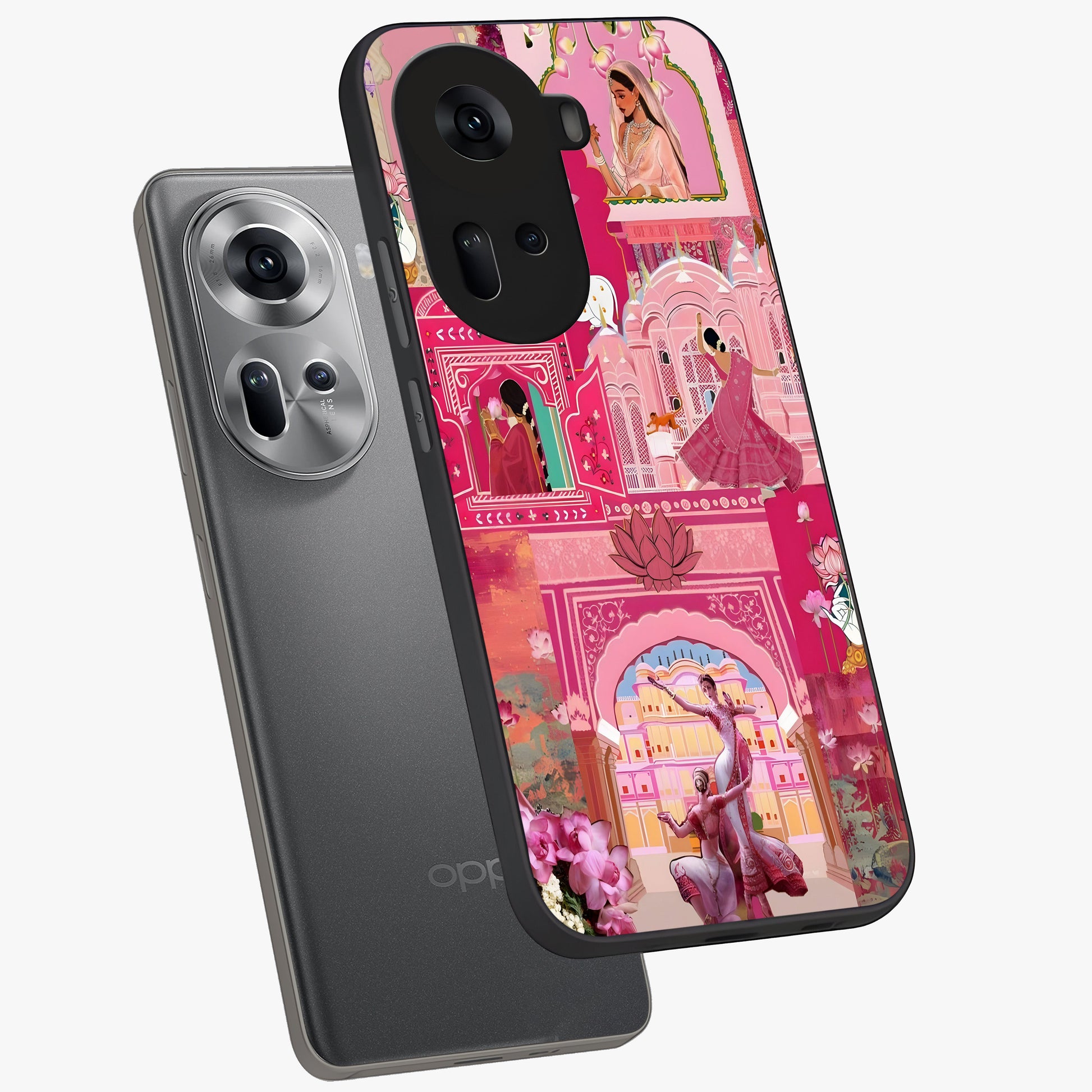 Pink Palace Muse Glass Case displayed in angled mockup highlighting dreamy palace illustration with soft pink aesthetic.
