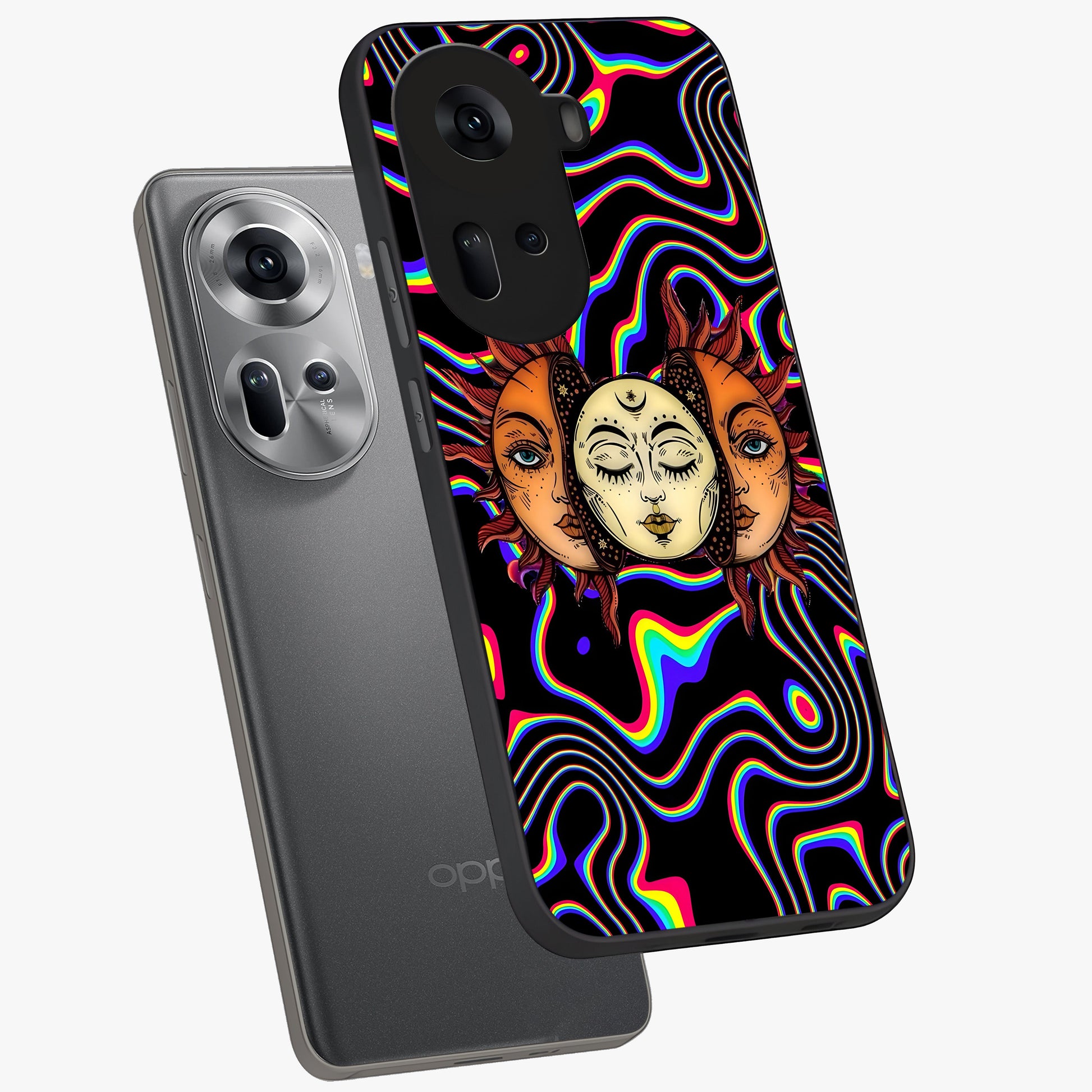 Psychedelic Sun Glass Case displayed in angled mockup highlighting vibrant abstract sun design with artistic aesthetic style.