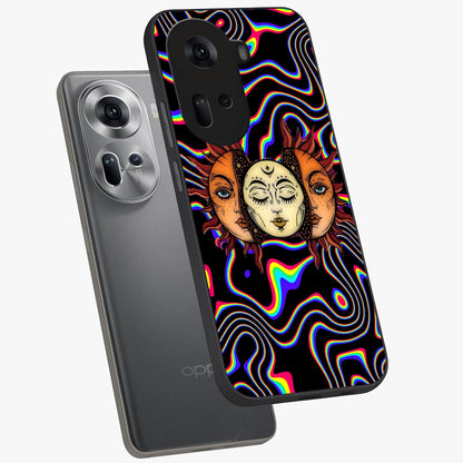 Psychedelic Sun Glass Case displayed in angled mockup highlighting vibrant abstract sun design with artistic aesthetic style.