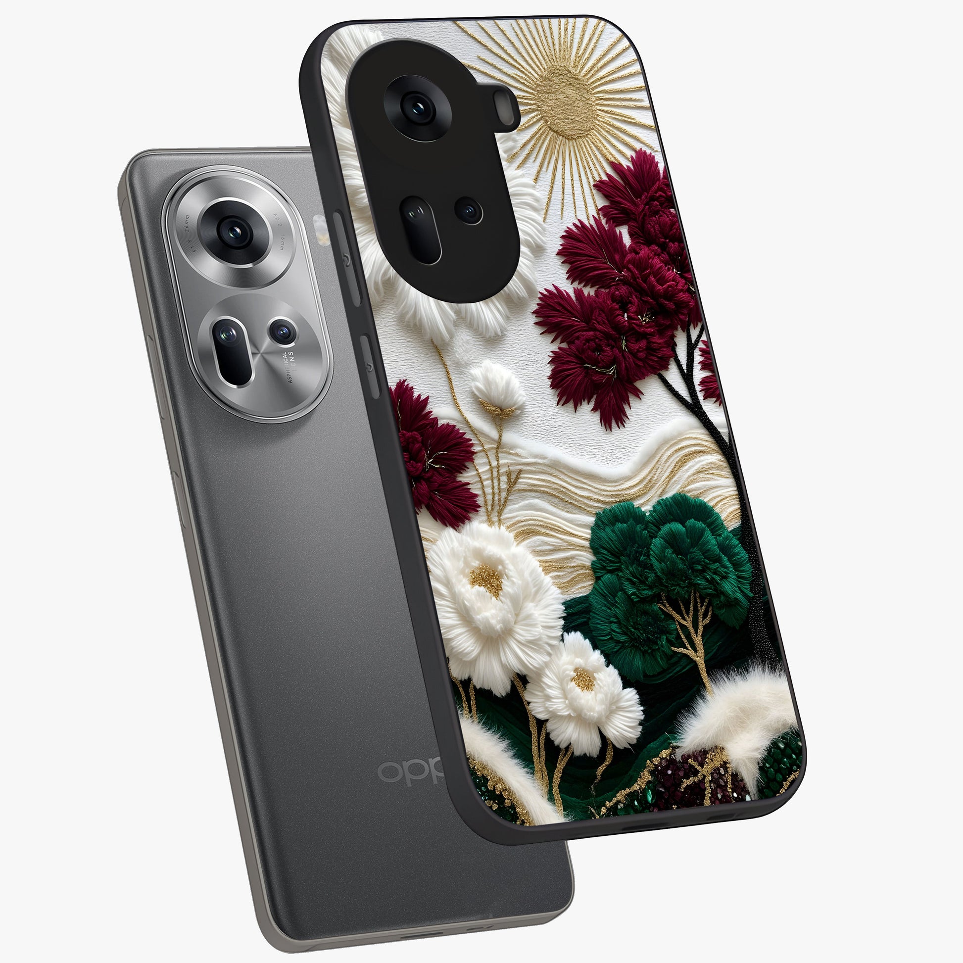 Radiant Bloom Elegance Glass Case displayed in angled mockup highlighting graceful floral design with radiant aesthetic style.