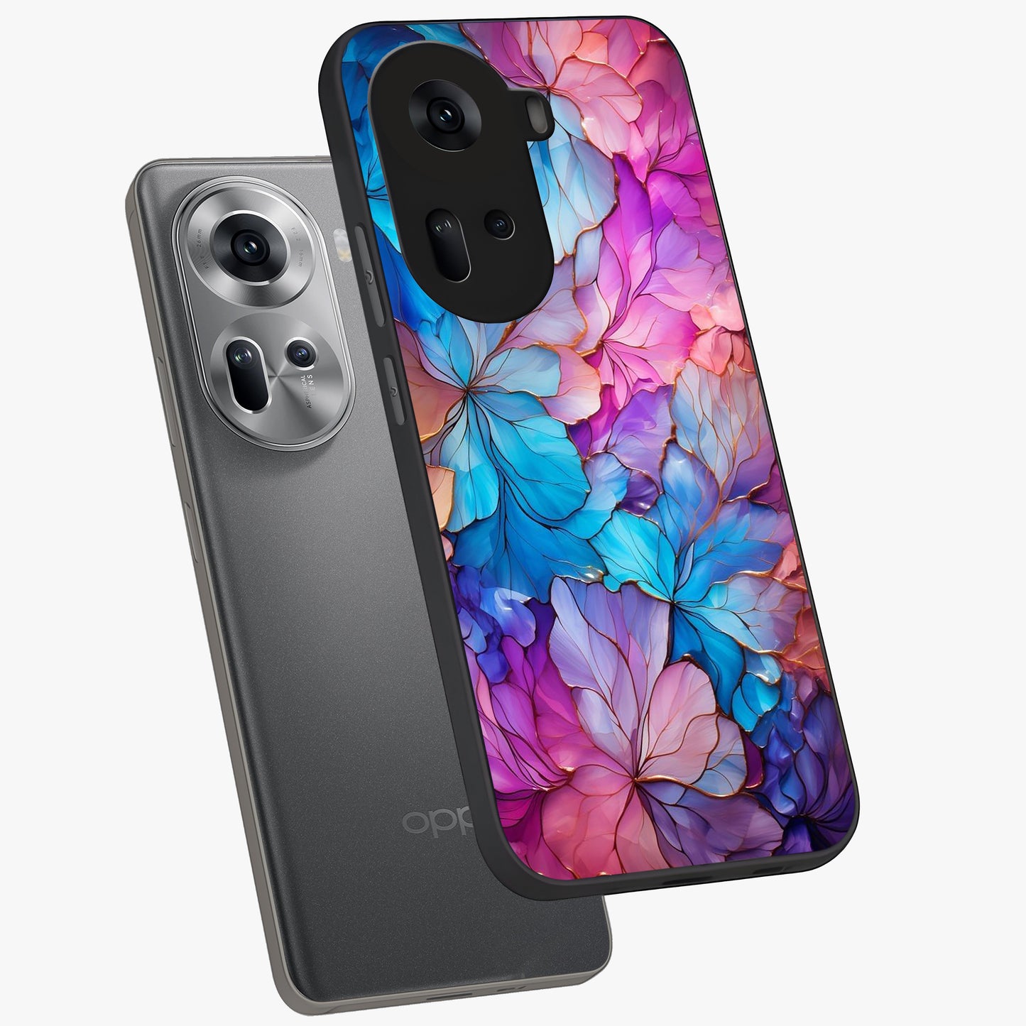 Radiant Floral Whirl Glass Case displayed in angled mockup highlighting vibrant flower pattern with dynamic artistic aesthetic.
