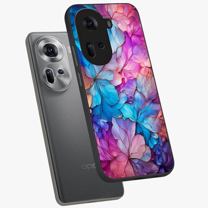 Radiant Floral Whirl Glass Case displayed in angled mockup highlighting vibrant flower pattern with dynamic artistic aesthetic.