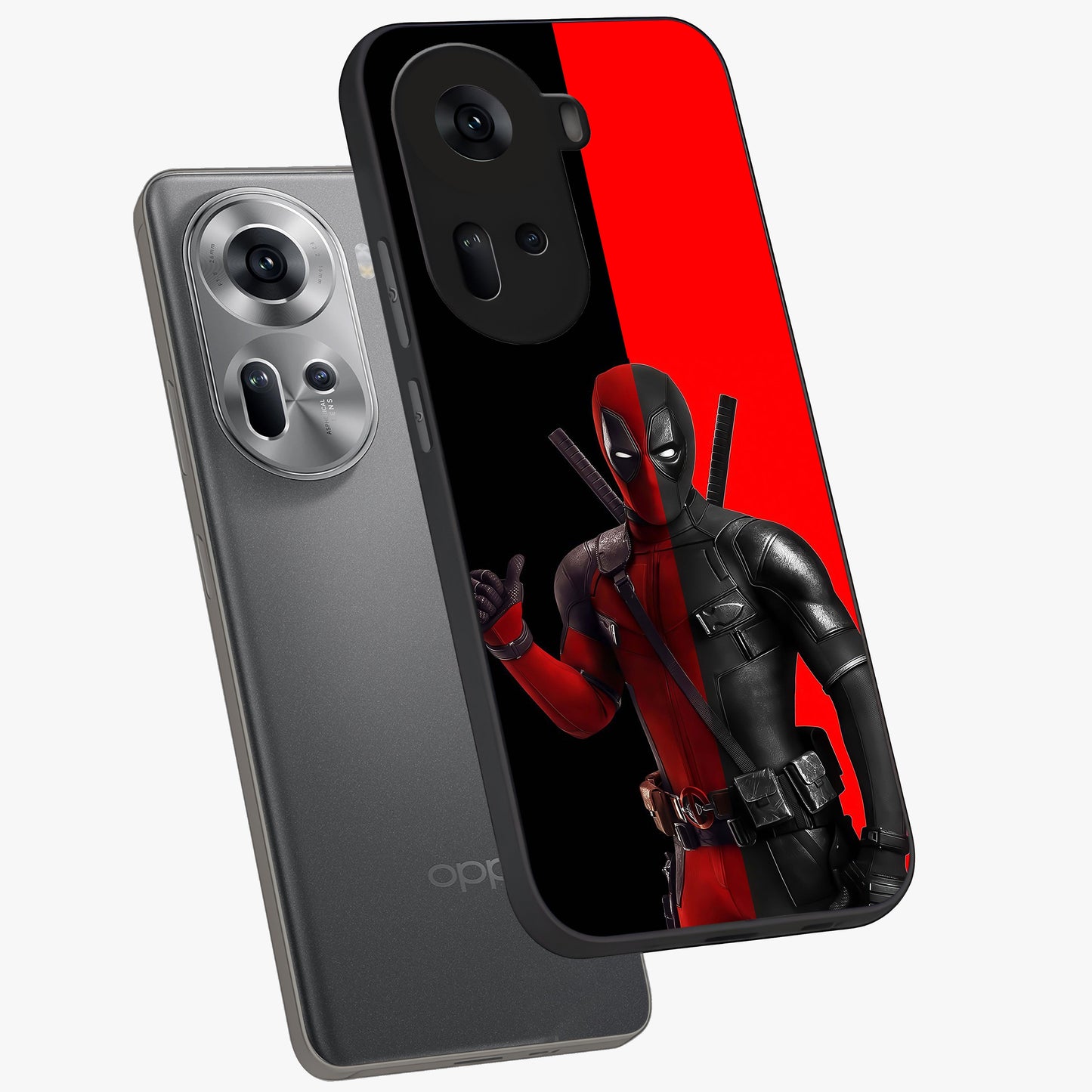Red & Black Deadpool Theme Glass Case displayed in angled mockup highlighting vibrant superhero style illustration with action aesthetic.