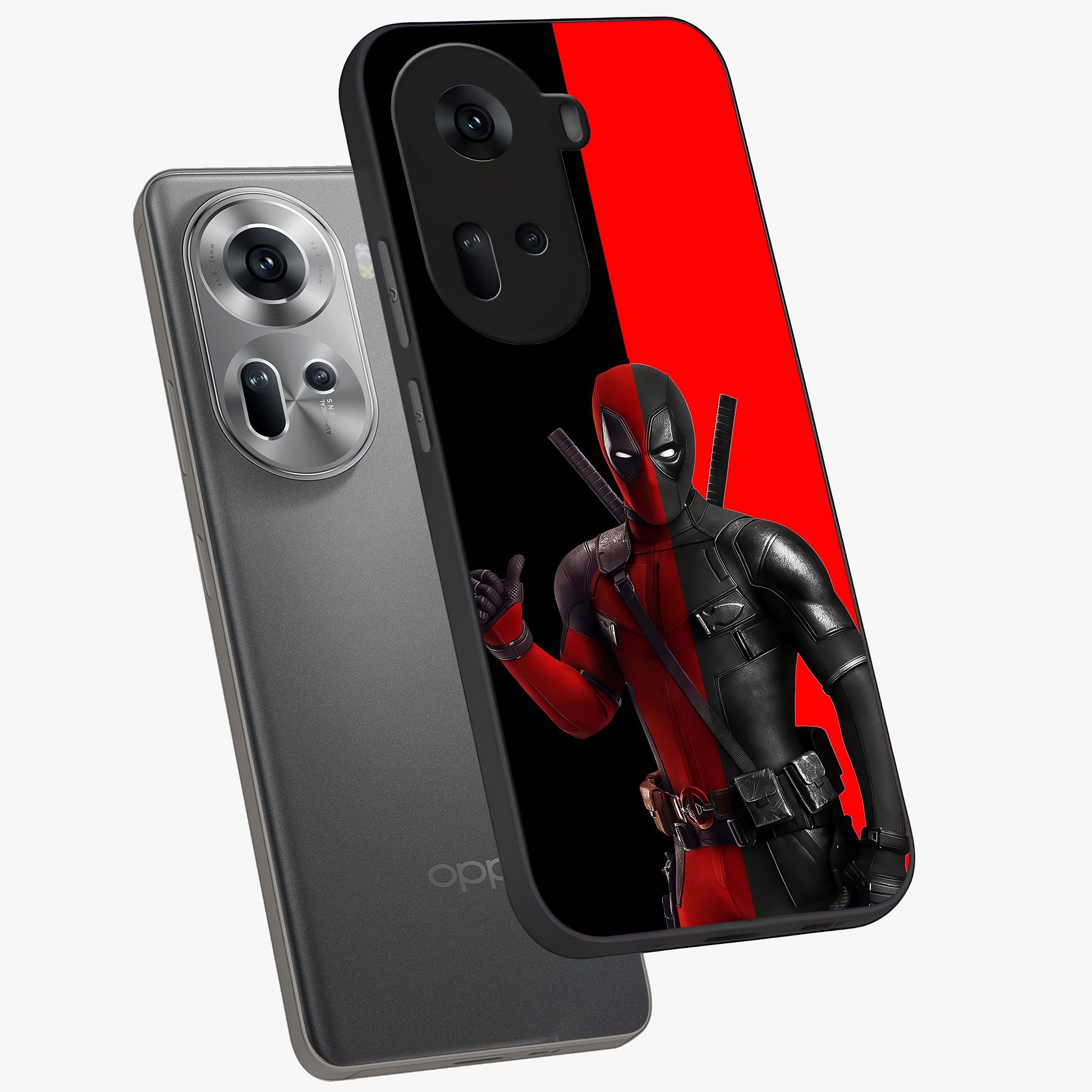 Red & Black Deadpool Theme Glass Case displayed in angled mockup highlighting vibrant superhero style illustration with action aesthetic.