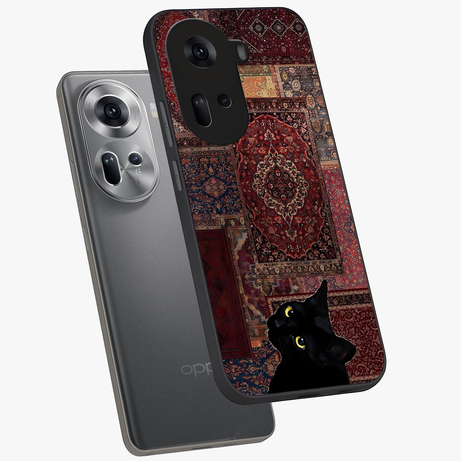 Regal Magic Cat Apple Glass Case displayed in angled mockup highlighting whimsical feline design with fantasy aesthetic.