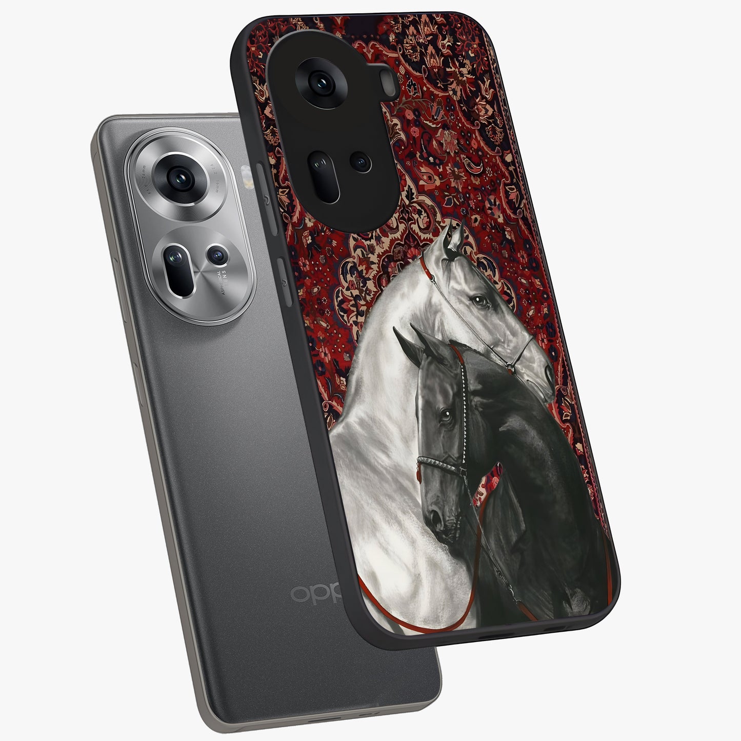 Regal Stallion Tapestry Glass Case displayed in angled mockup highlighting royal stallion design with decorative heritage aesthetic.