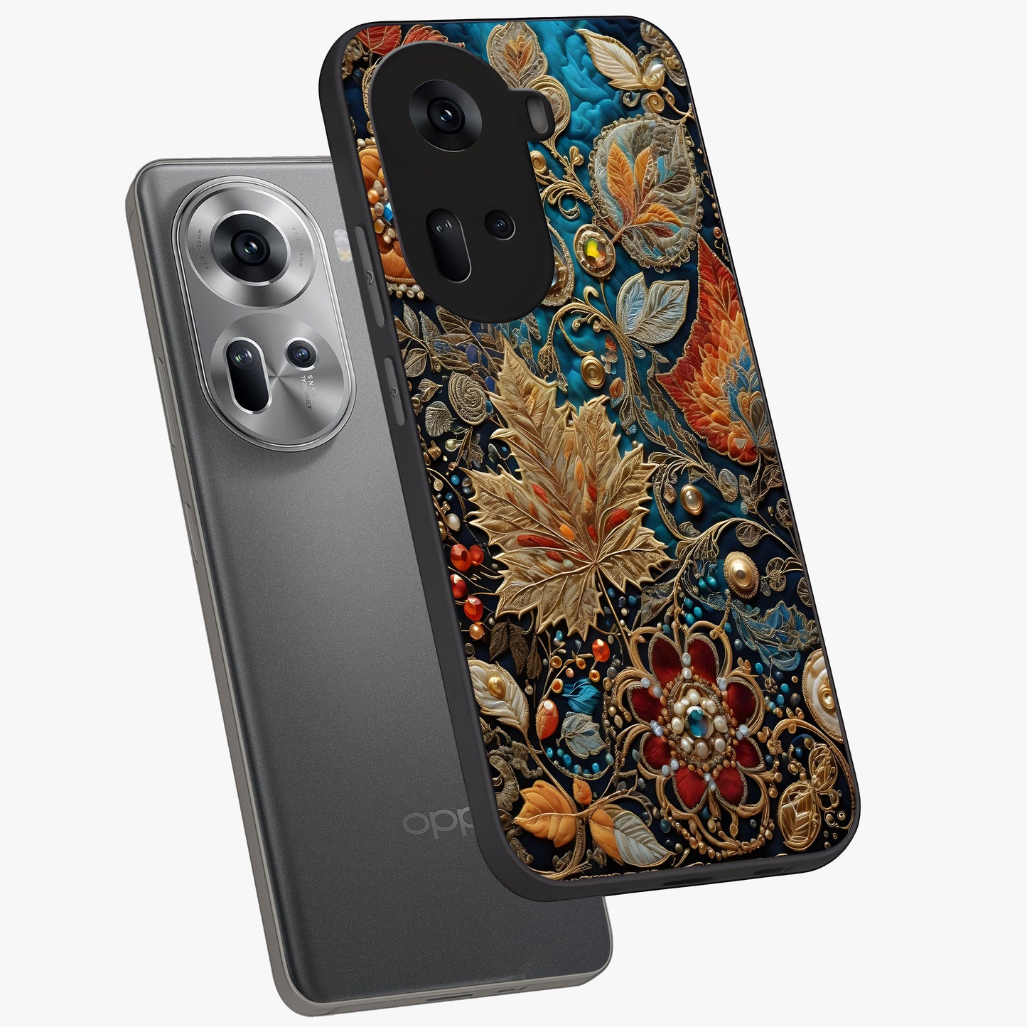Royal Jewel Garden Glass Case displayed in angled mockup highlighting vibrant jewel inspired floral design with elegant aesthetic.