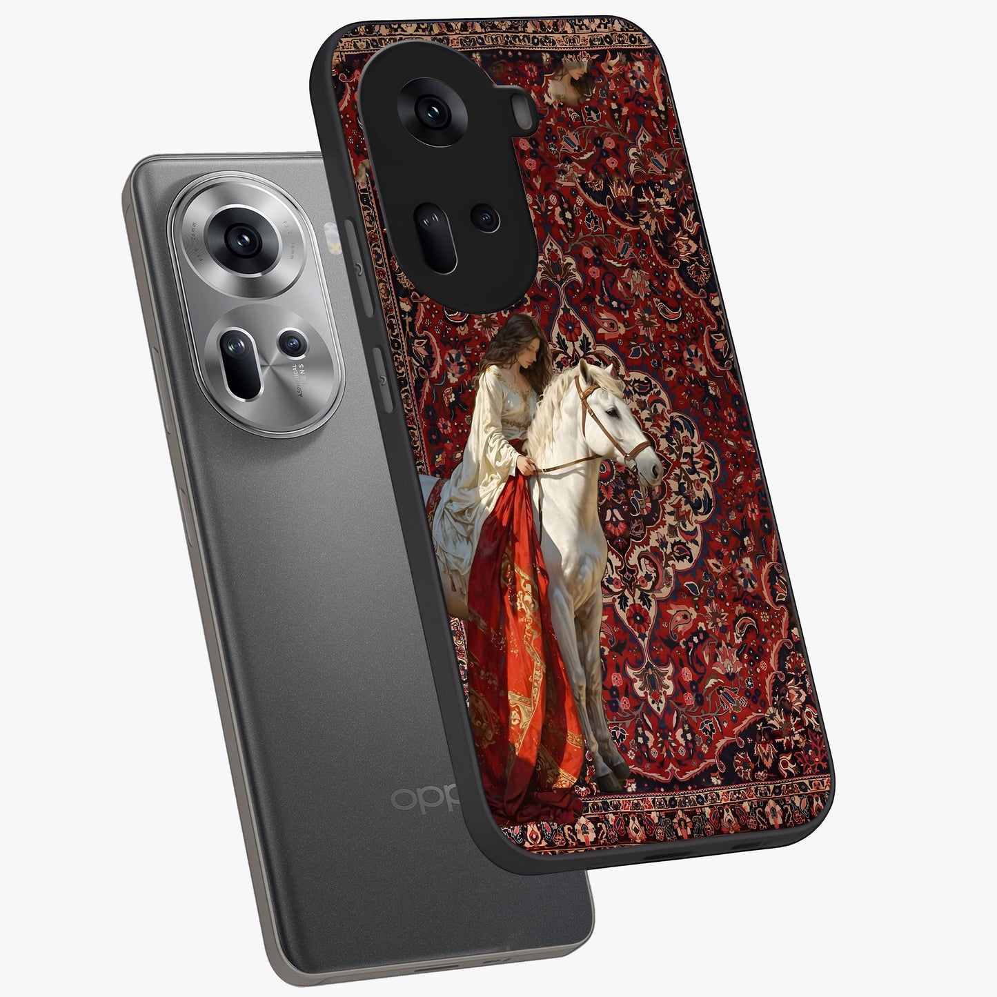Royal Rider Tapestry Glass Case displayed in angled mockup highlighting traditional tapestry design with royal heritage aesthetic.