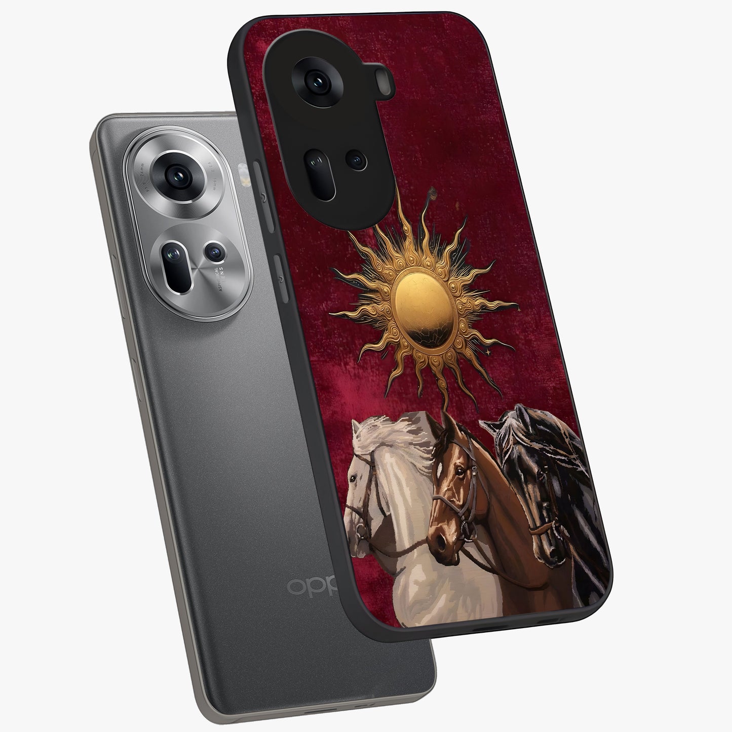 Solar Riders Glass Case displayed in angled mockup highlighting powerful rider illustration with radiant solar aesthetic.