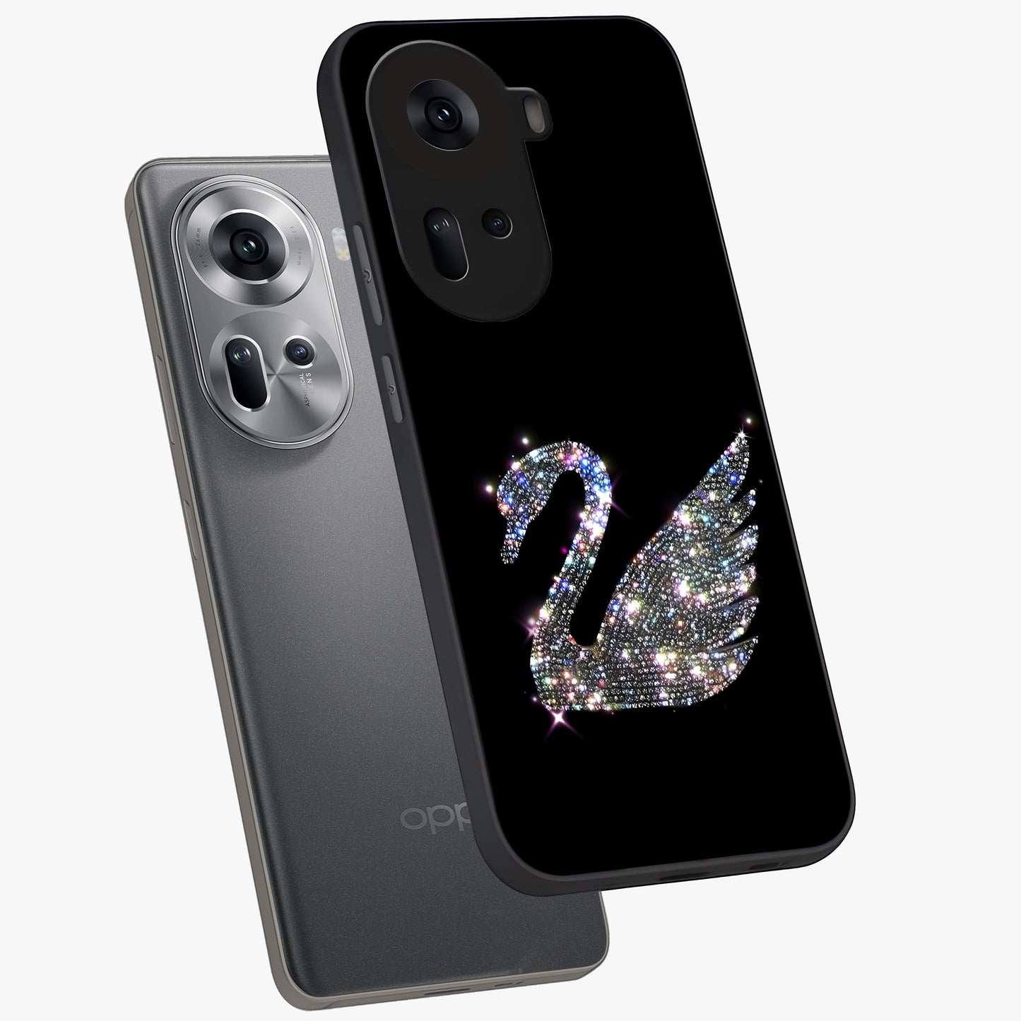 Starlit Swan Grace Glass Case displayed in angled mockup highlighting elegant swan illustration with dreamy celestial aesthetic.
