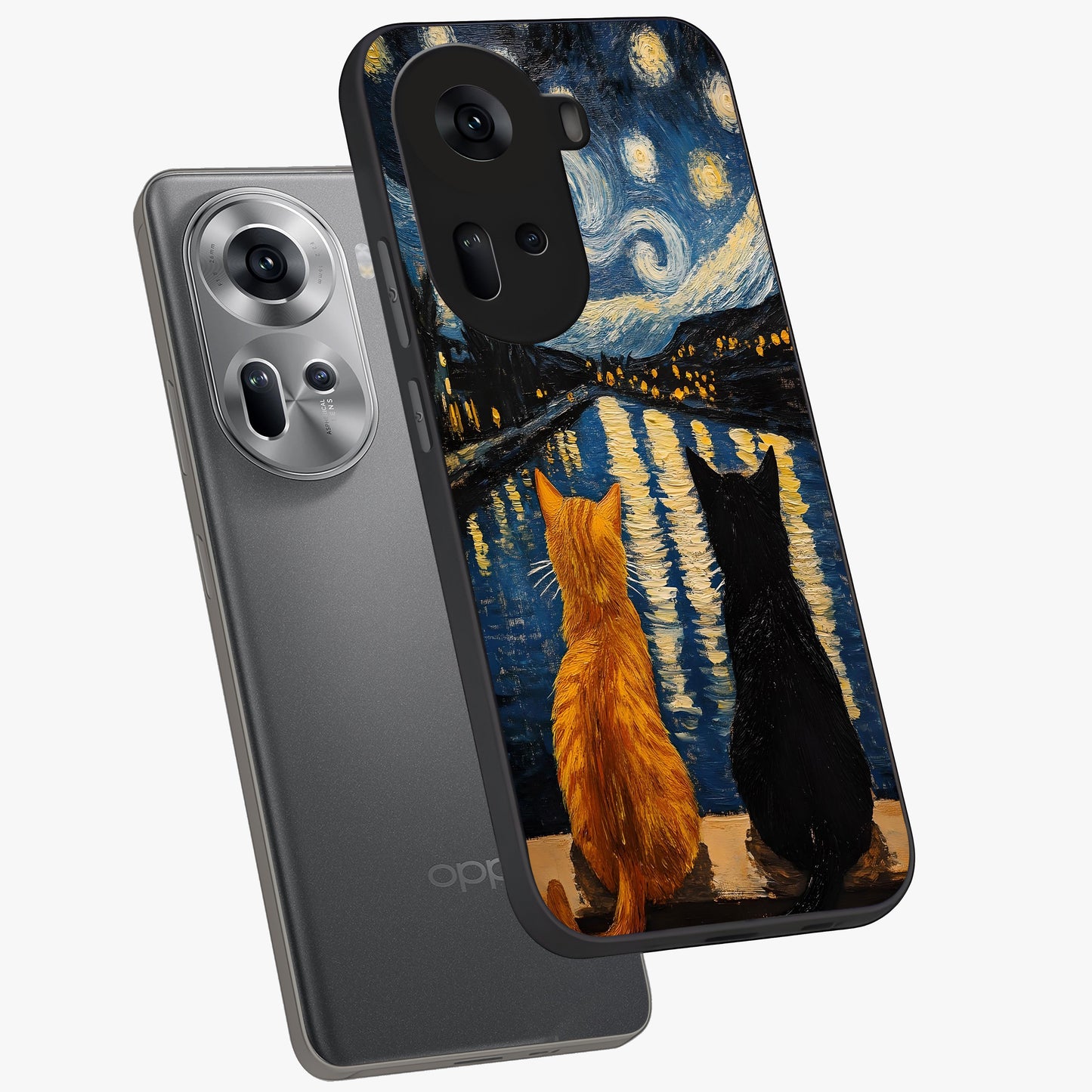 Starry River Cats Glass Case displayed in angled mockup highlighting charming feline illustration with dreamy night aesthetic.