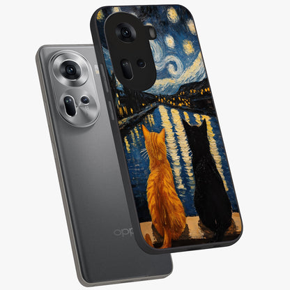 Starry River Cats Glass Case displayed in angled mockup highlighting charming feline illustration with dreamy night aesthetic.