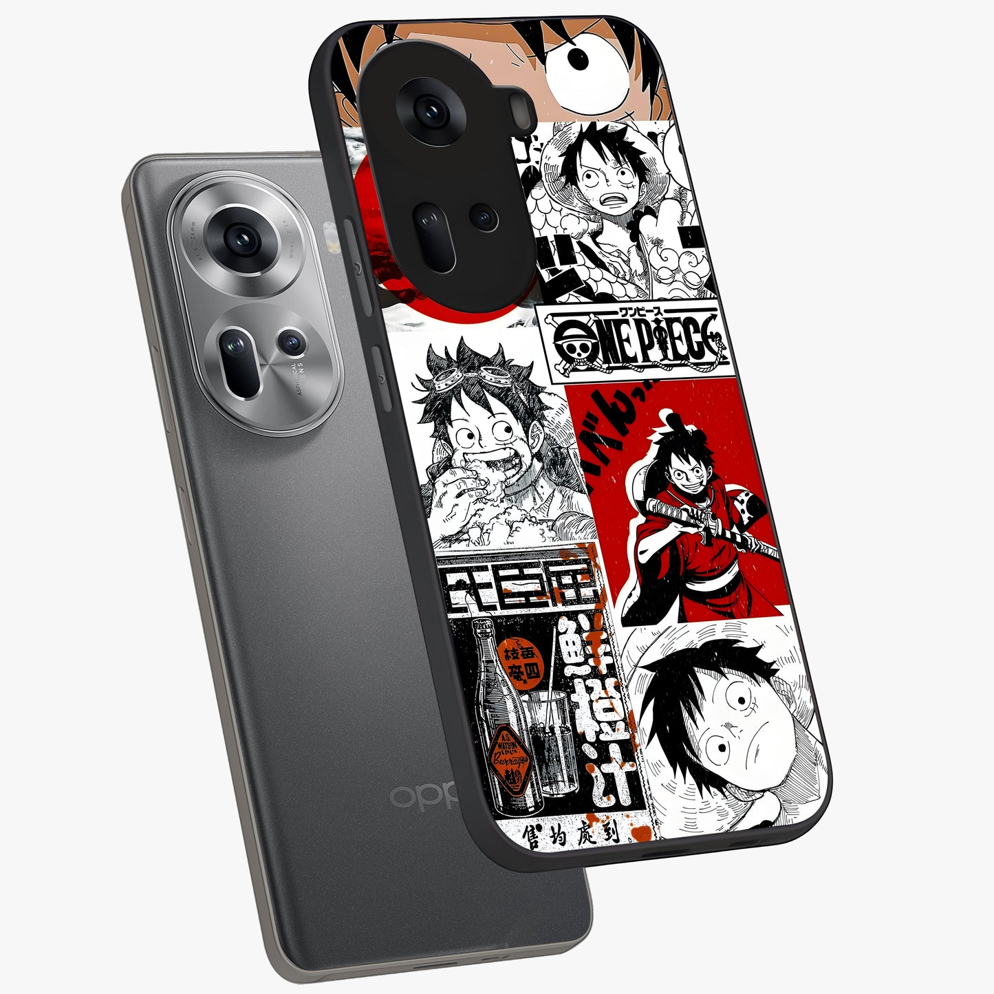 Strawhat Chaos Panels Glass Case displayed in angled mockup highlighting vibrant anime collage design with action aesthetic.