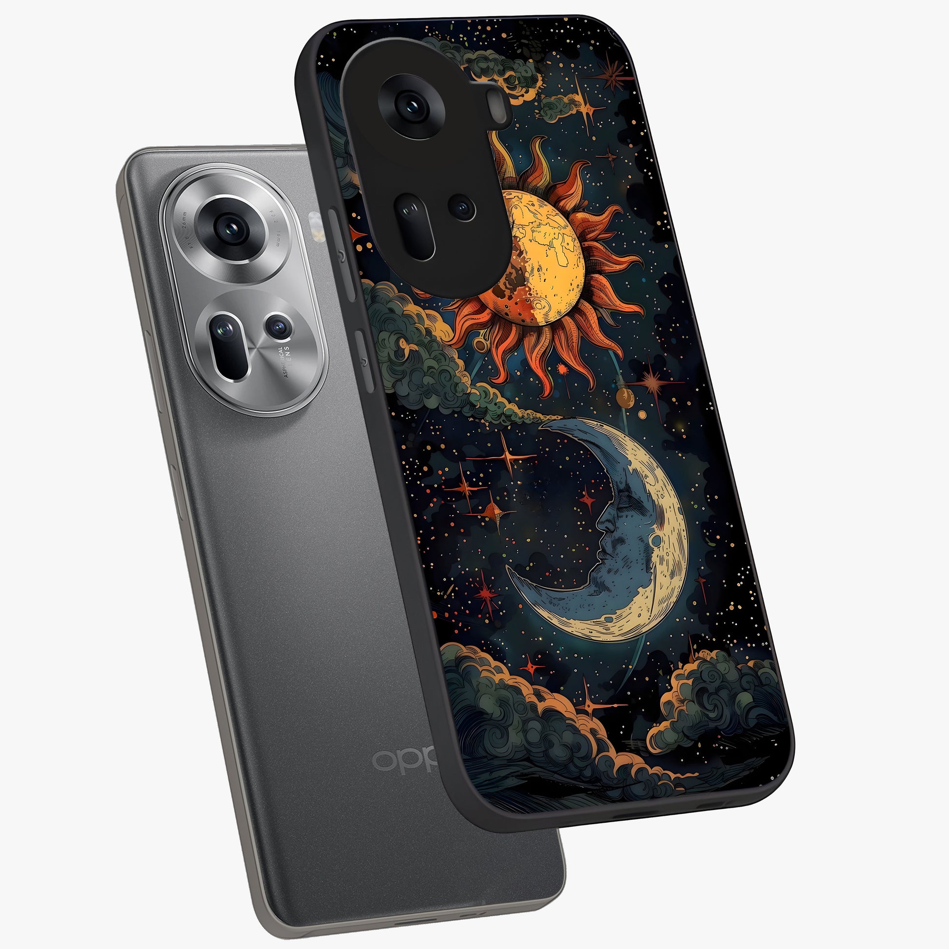 Sun And Moon Magic Design Glass Case displayed in angled mockup highlighting celestial design with magical cosmic aesthetic.