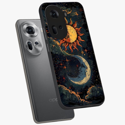 Sun And Moon Magic Design Glass Case displayed in angled mockup highlighting celestial design with magical cosmic aesthetic.