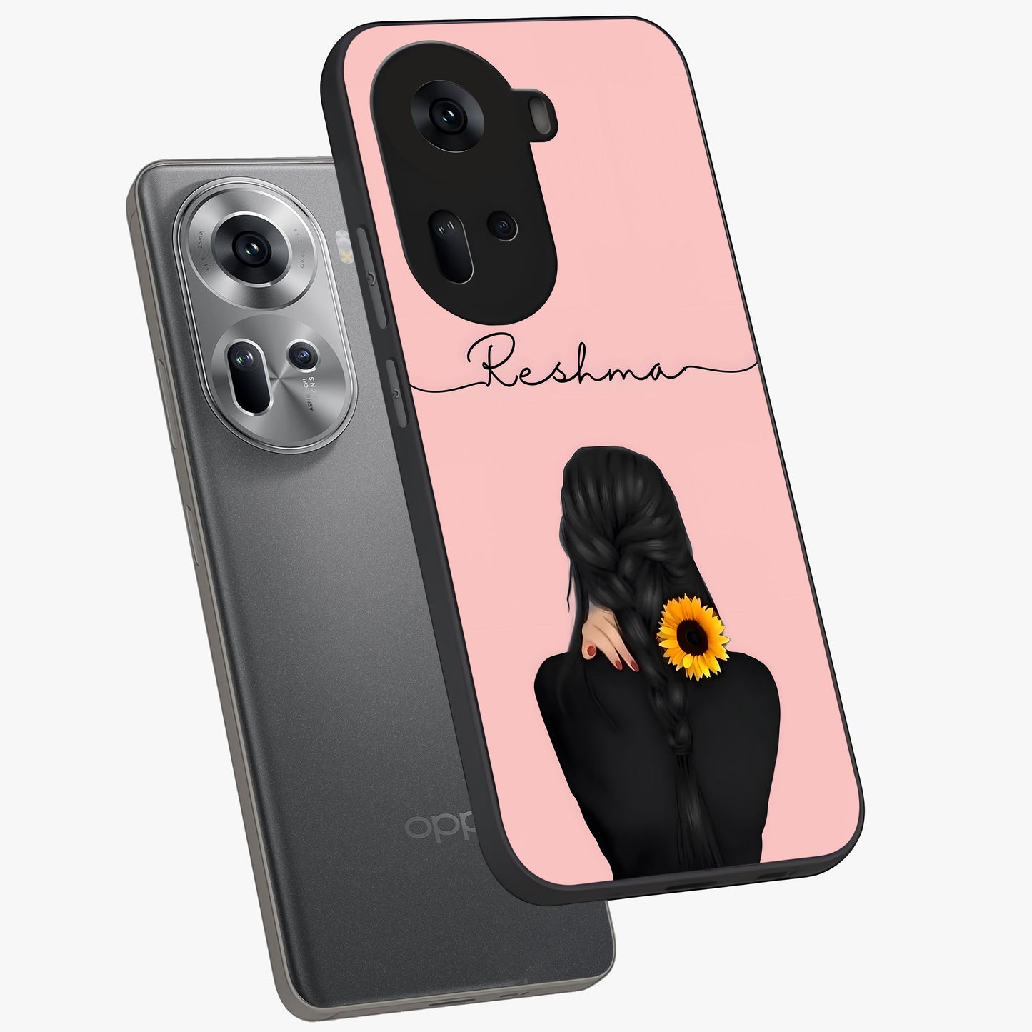 Sunflower Braid Beauty With Custom Name Glass Case displayed in angled mockup highlighting elegant sunflower design with custom name feature.