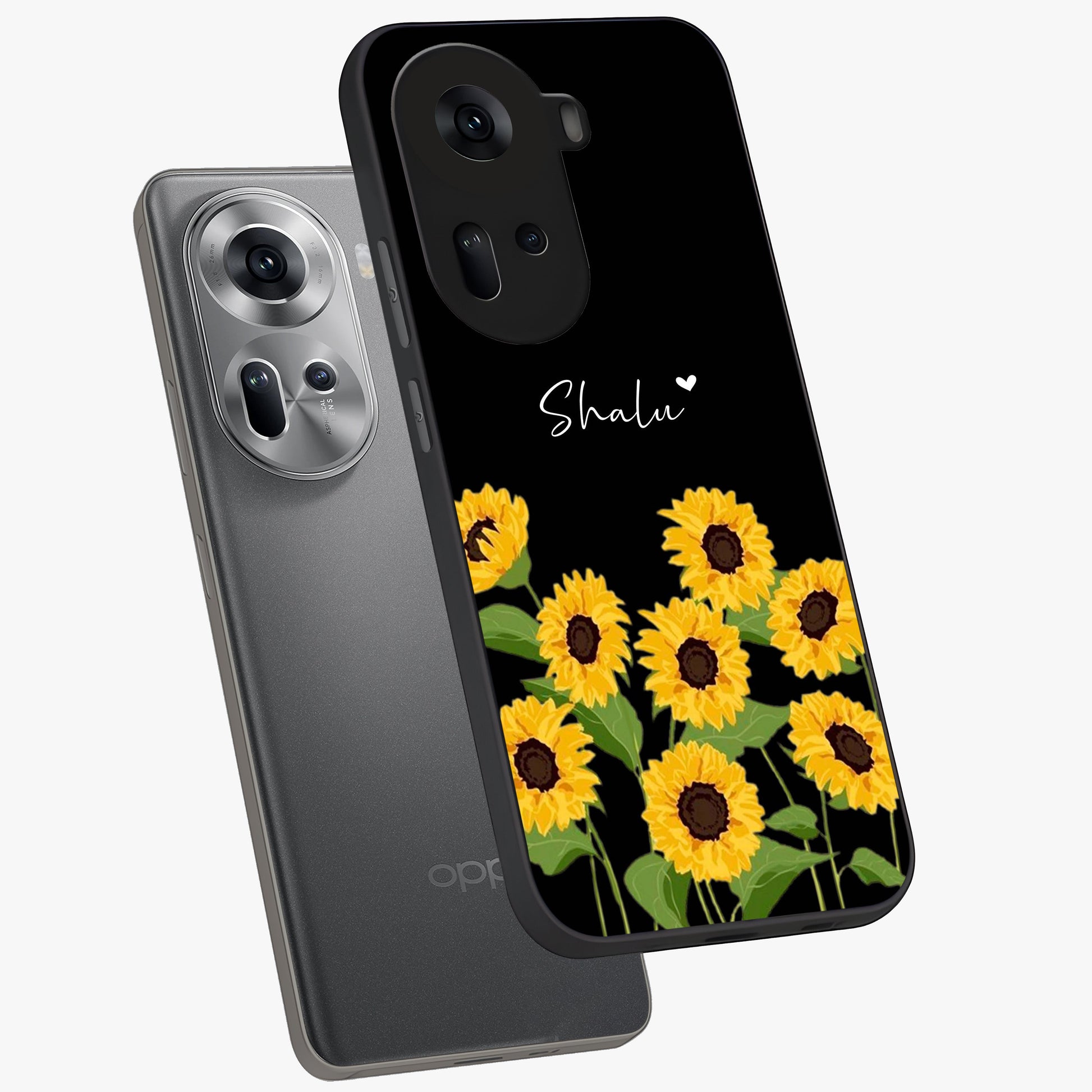 Sunflower Chic Mood Custom Name Glass Case displayed in angled mockup highlighting vibrant sunflower design with custom name feature.