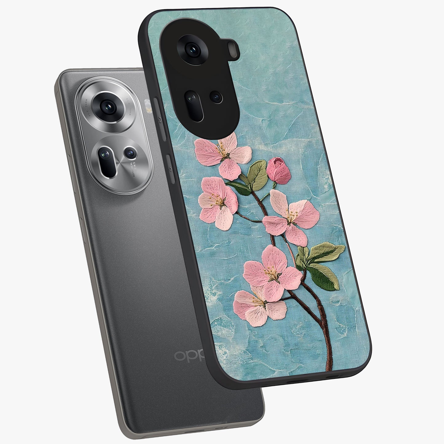 Threaded Blossom Breeze Glass Case displayed in angled mockup highlighting elegant floral design with soft aesthetic style.