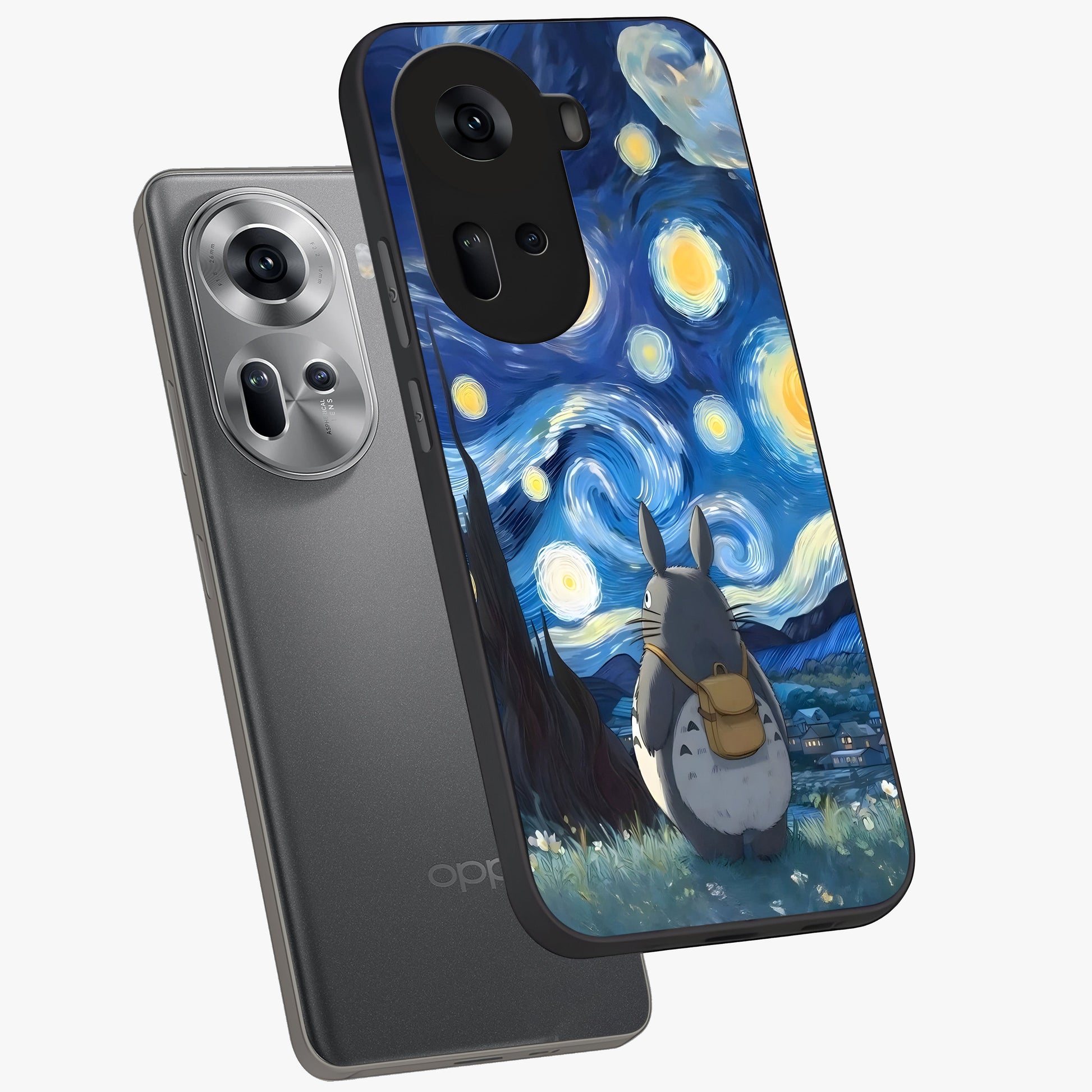Totoro In Van Gogh Art Glass Case displayed in angled mockup highlighting artistic swirling sky design with playful animation aesthetic.