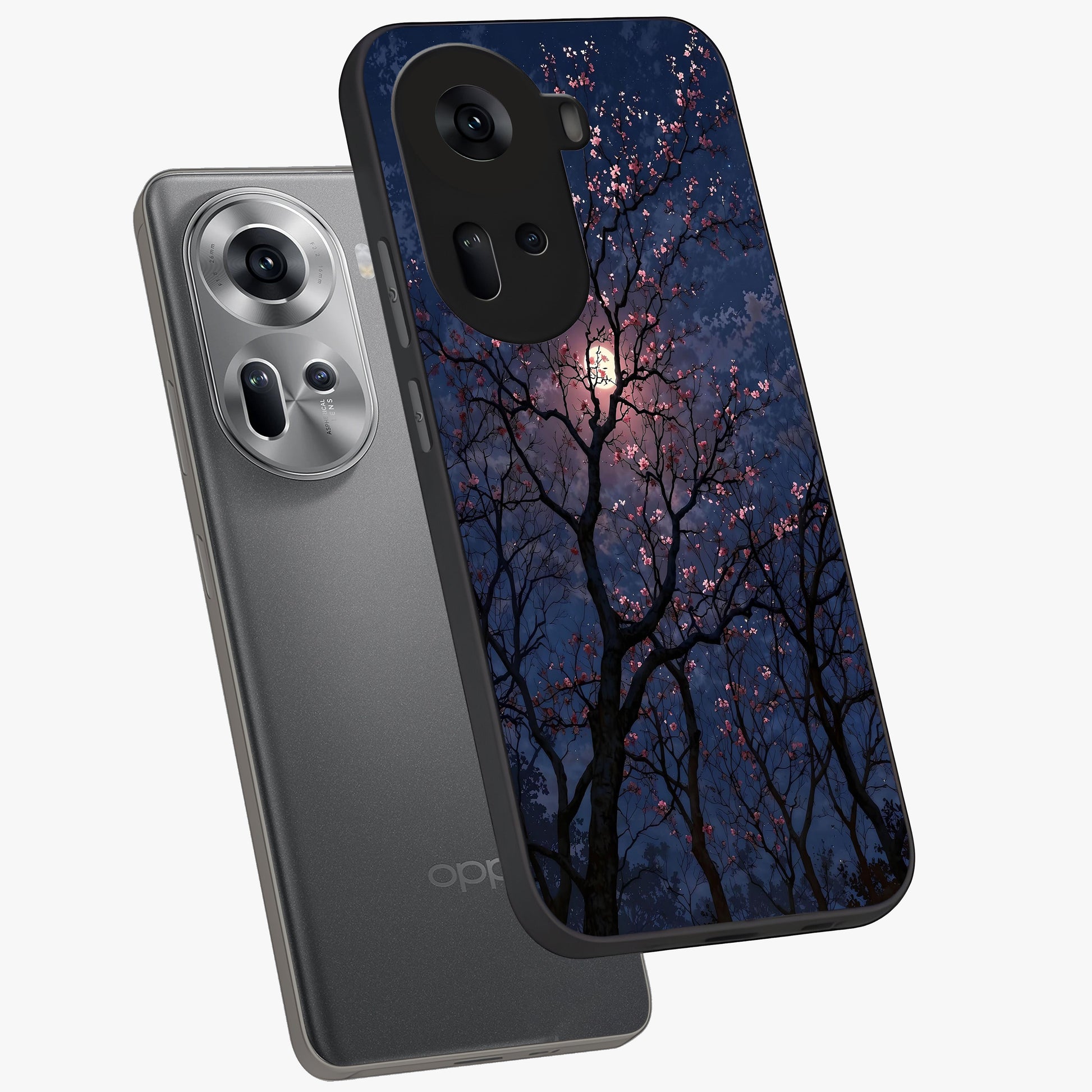 Twilight Sakura Serenade Glass Case displayed in angled mockup highlighting delicate sakura flower design with dreamy aesthetic.