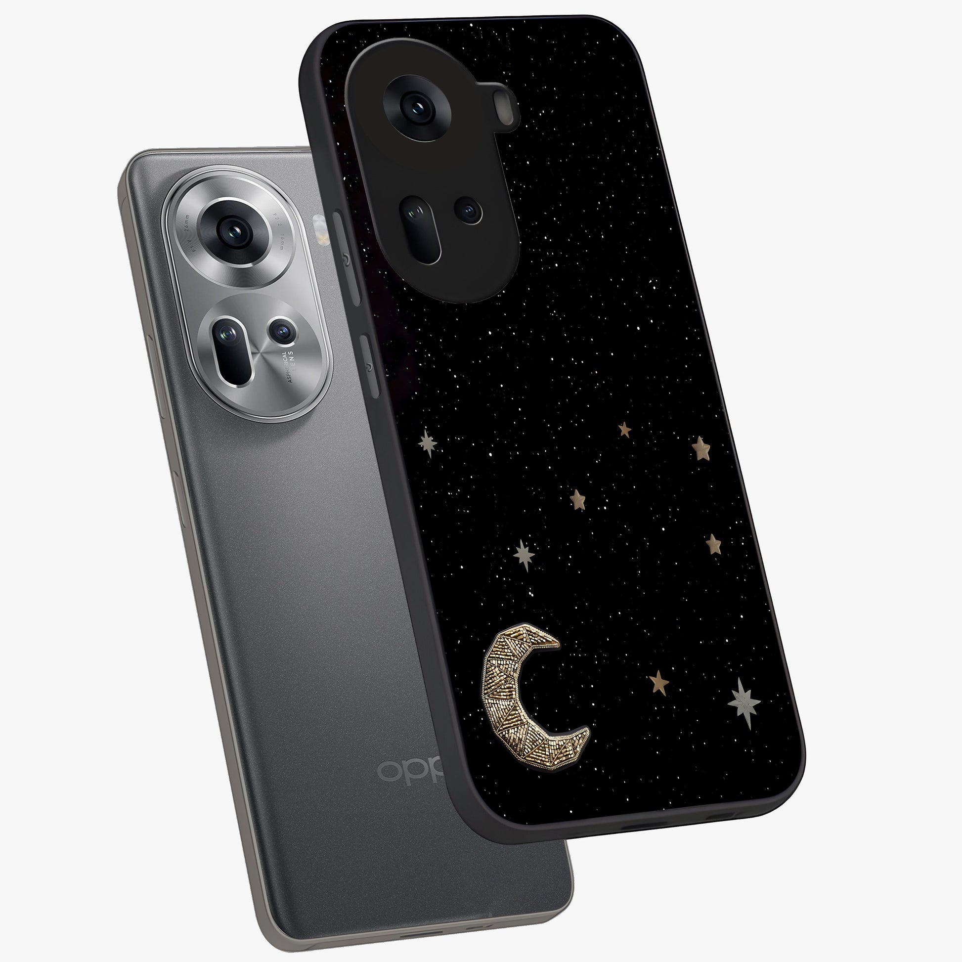 Twinkle Star With Half Moon Glass Case displayed in angled mockup highlighting celestial moon and star design with magical aesthetic.