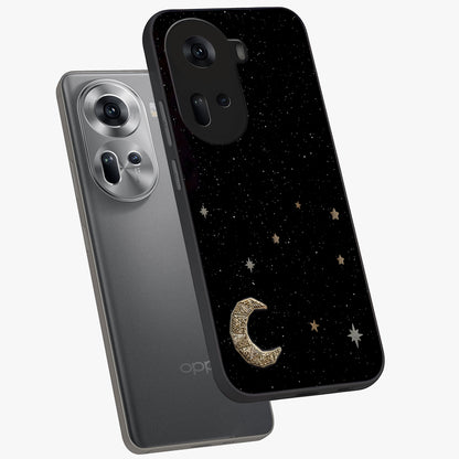 Twinkle Star With Half Moon Glass Case displayed in angled mockup highlighting celestial moon and star design with magical aesthetic.