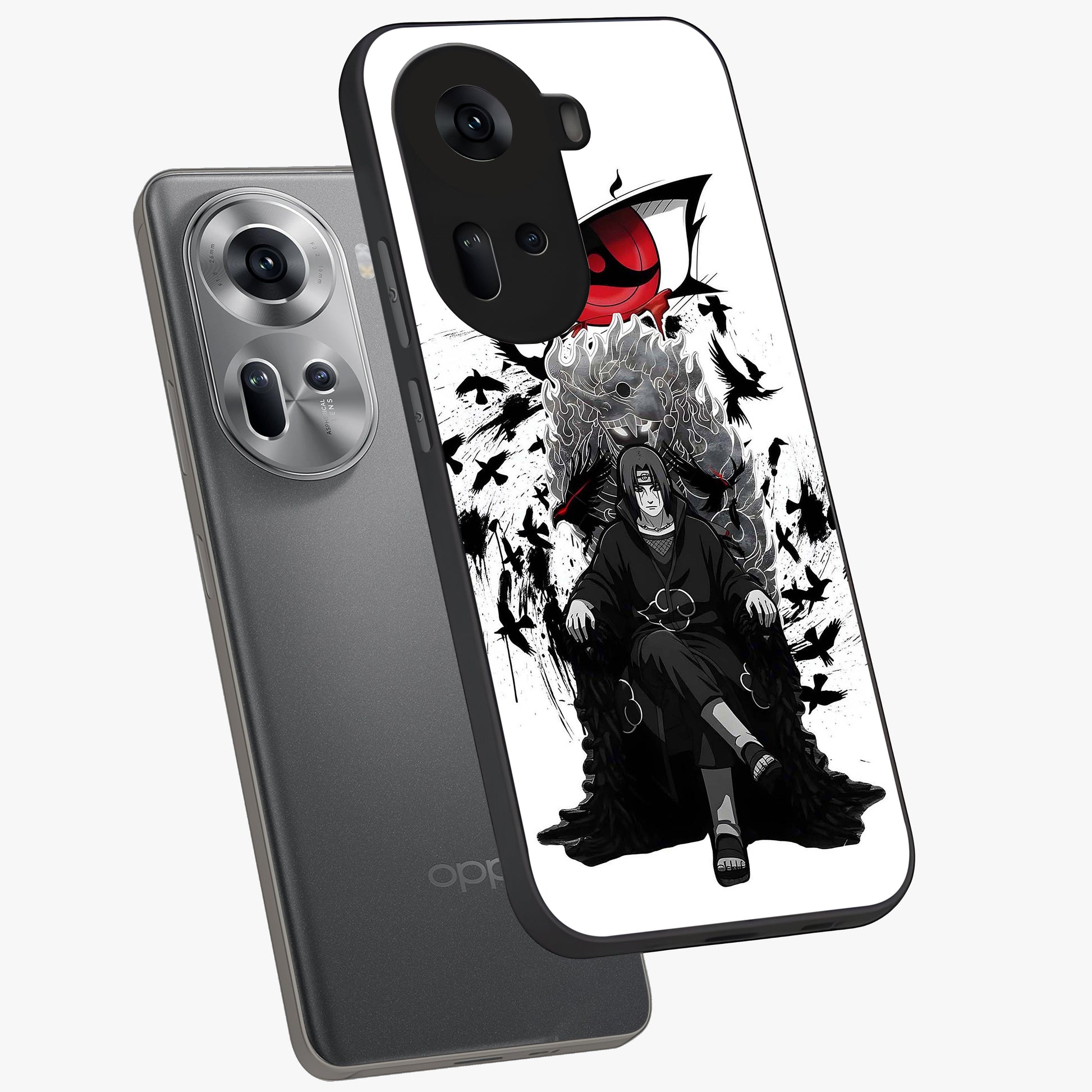 Uchiha Shadow Throne Glass Case displayed in angled mockup highlighting glowing aquatic design with celestial aesthetic.