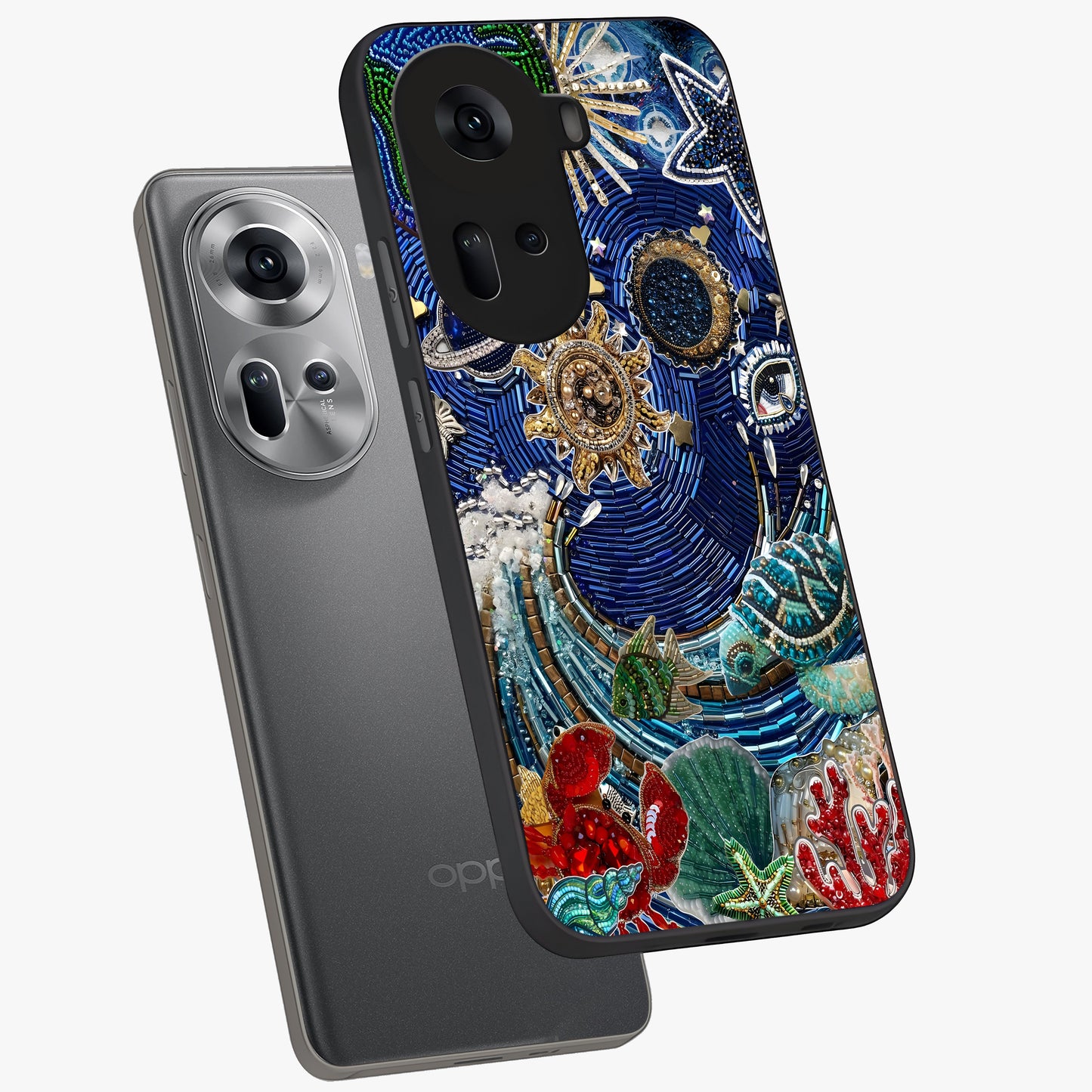 Universe Underwater Spark Glass Case displayed in angled mockup highlighting glowing aquatic design with celestial aesthetic.