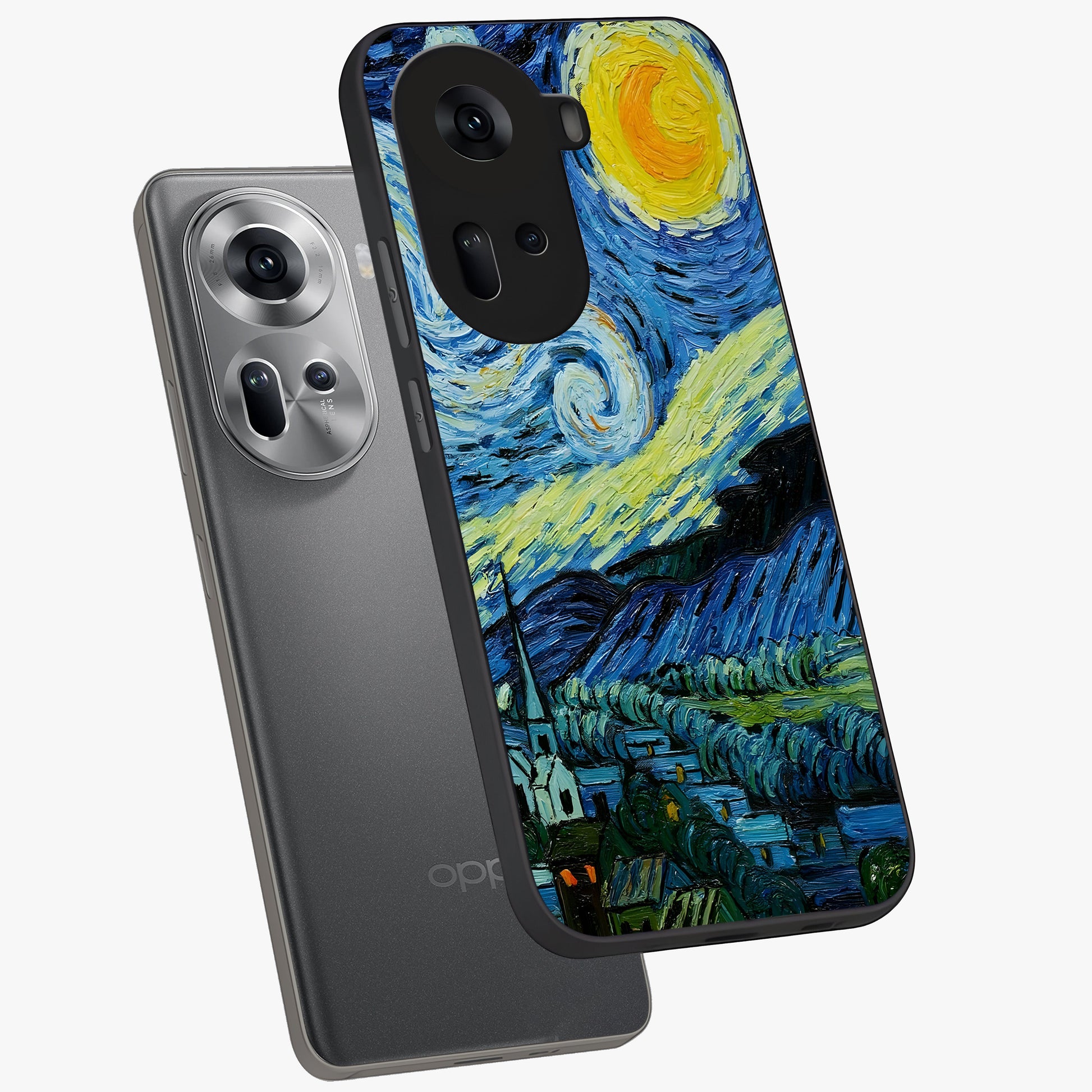 Van Gogh Art Glass Case displayed in angled mockup highlighting swirling brushstroke design with artistic aesthetic.