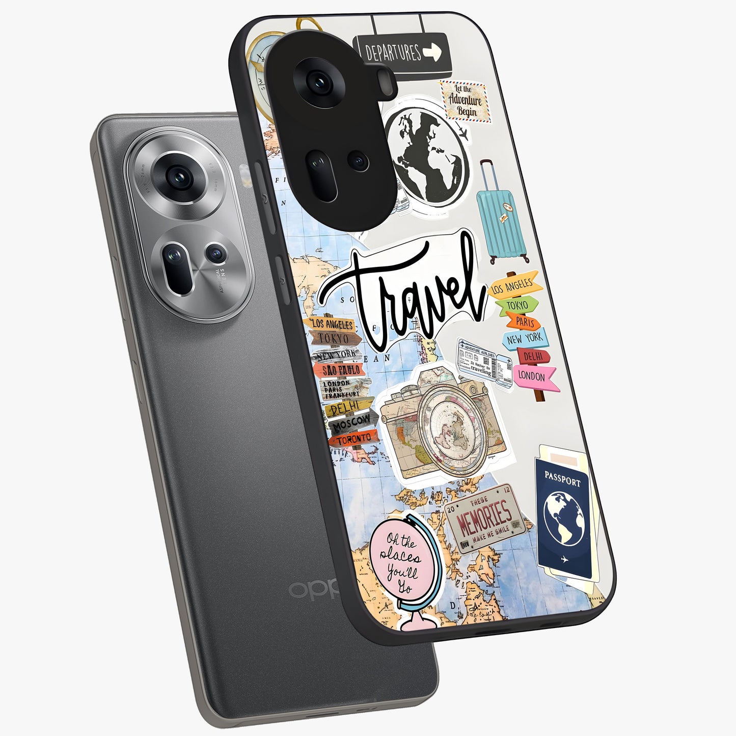 Wanderlust Journal Glass Case displayed in angled mockup highlighting adventure themed design with aesthetic travel vibe.