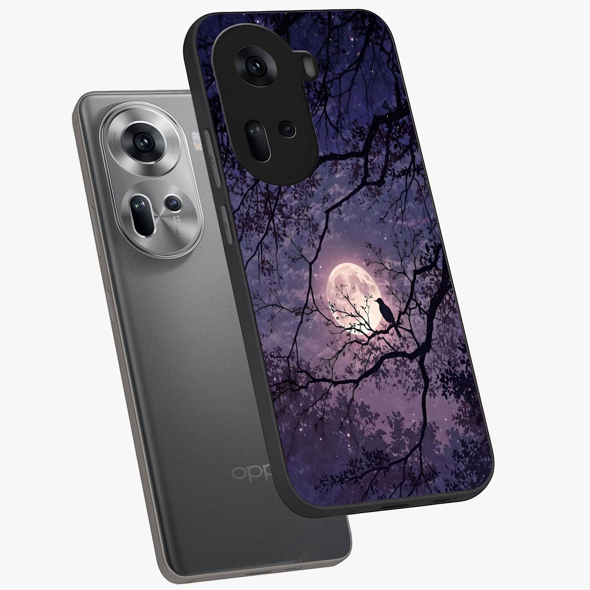 Whispering Moon Silence Glass Case displayed in angled mockup highlighting calm lunar design with dreamy night aesthetic.