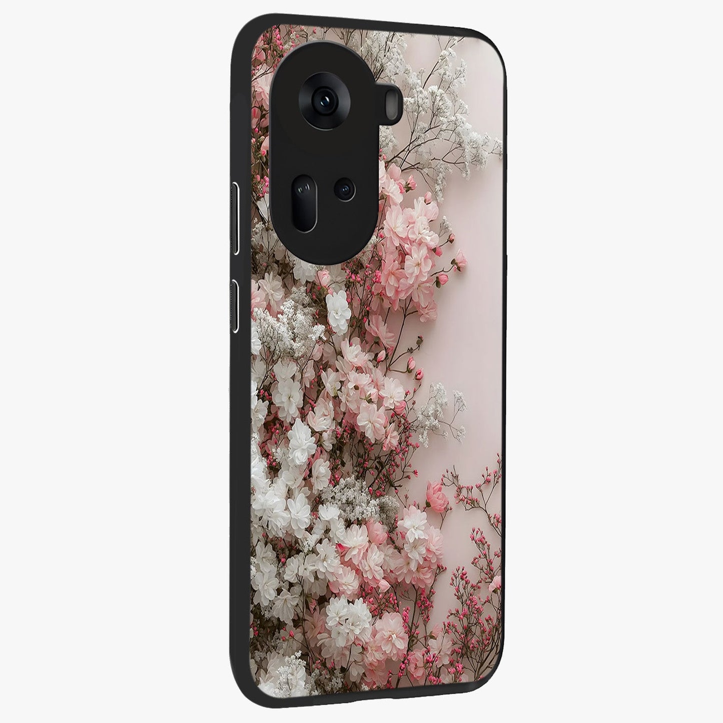 Blush Blossom Cloud Glass Case upright view showcasing calm floral cloud artwork with gentle dreamy theme.
