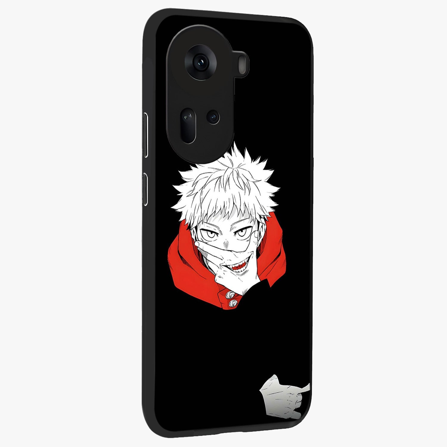 Crimson Chaos Smile Glass Case upright view showcasing expressive chaotic artwork with striking visual theme.