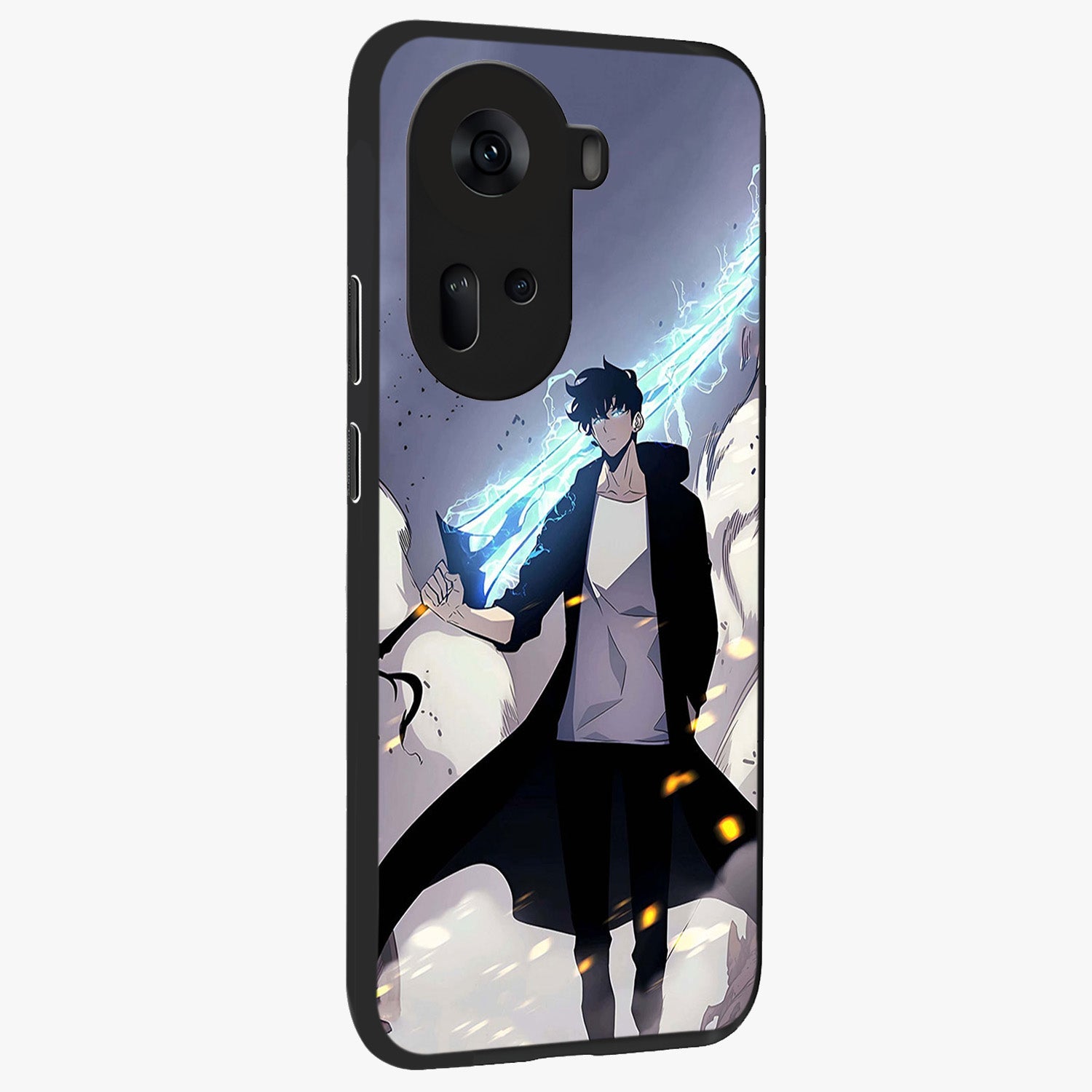Dark Lightning Anime Warrior Glass Case upright view showcasing dramatic warrior artwork with dark lightning aesthetic.