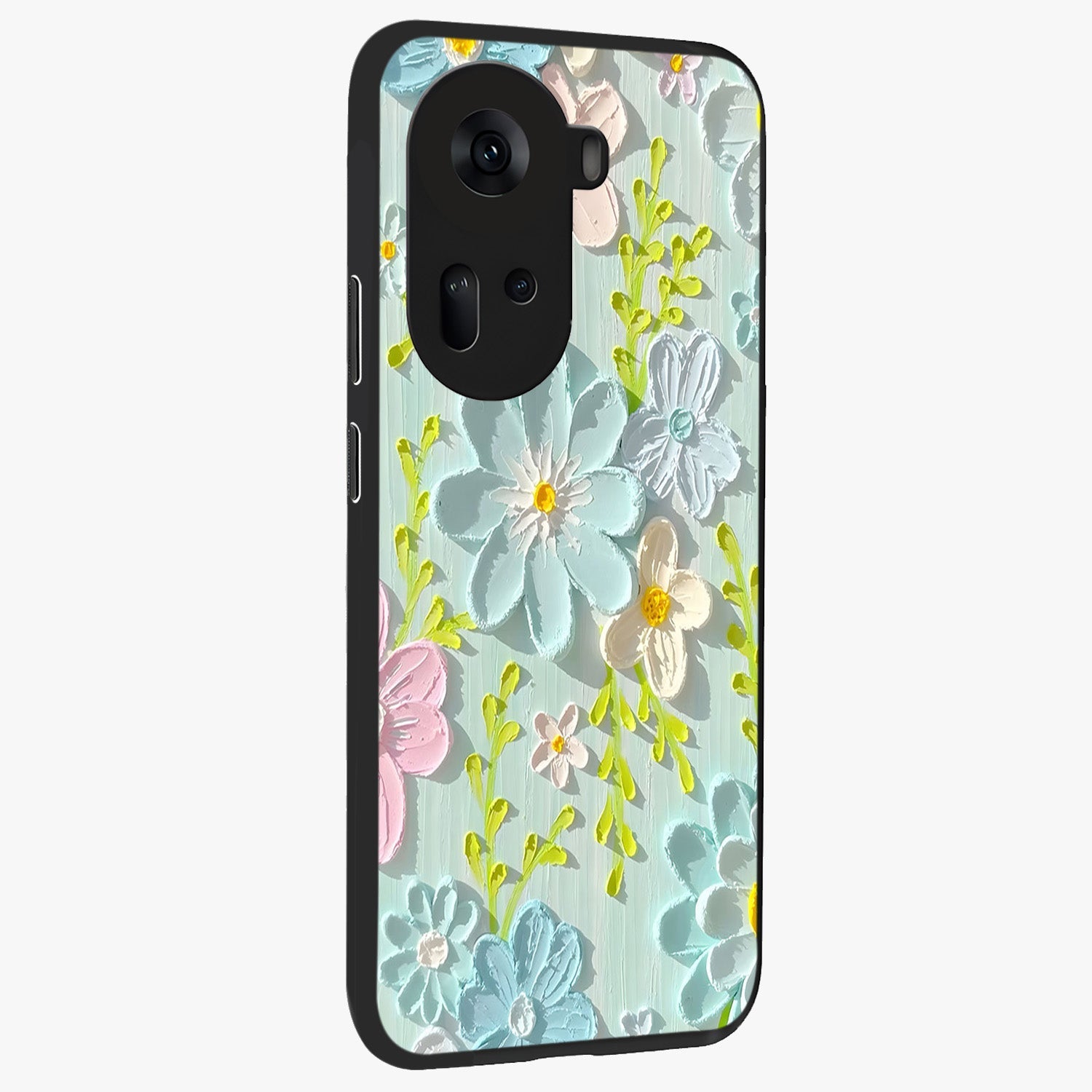 Frosted Petal Garden Glass Case upright view showcasing elegant floral garden artwork with soothing pastel theme.